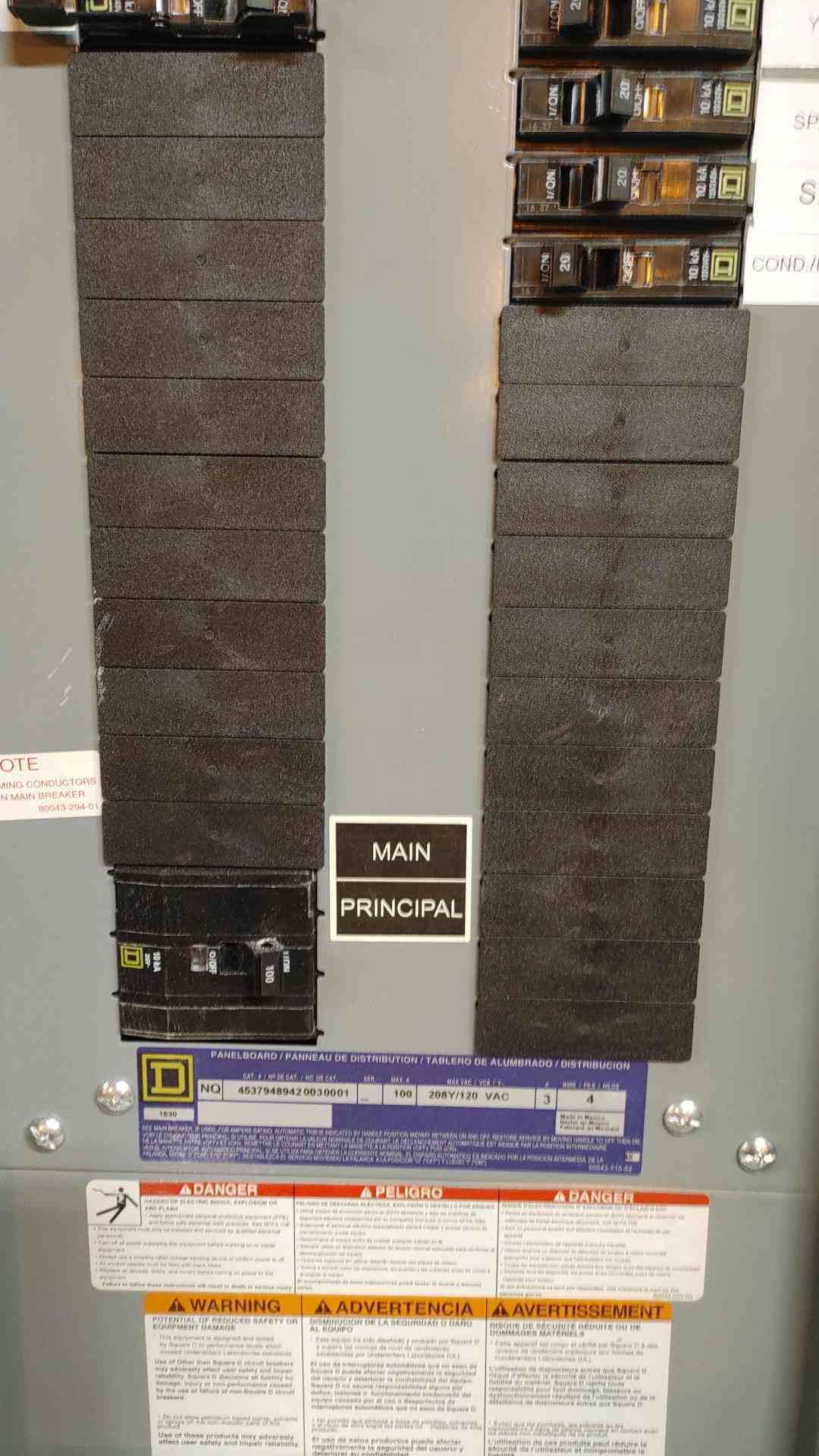 Square D Panelboard NQOD 100 Amp 208/120 Vac 3 Ph 4 Wire w/ Main (109158)
