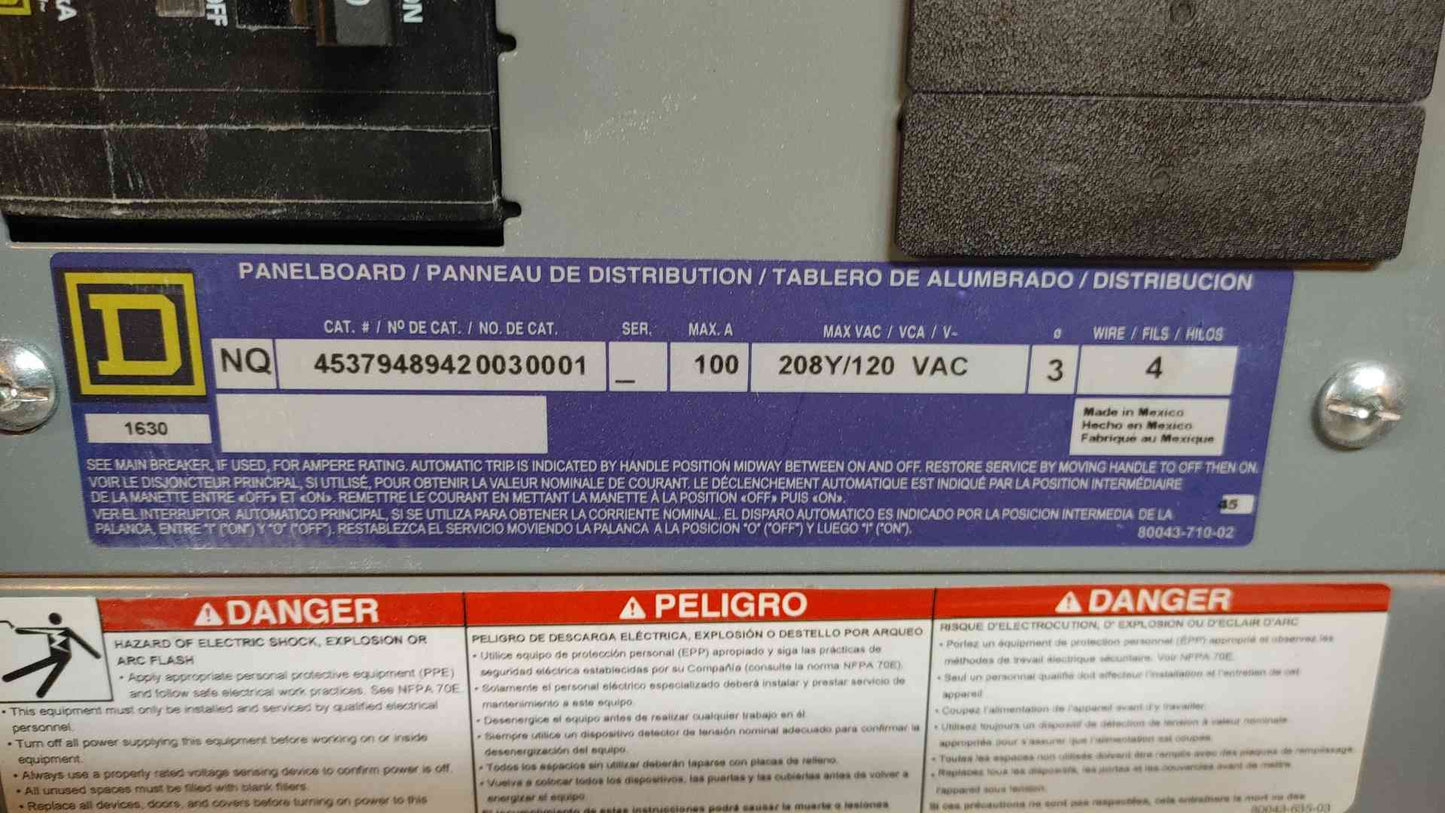 Square D Panelboard NQOD 100 Amp 208/120 Vac 3 Ph 4 Wire w/ Main (109158)