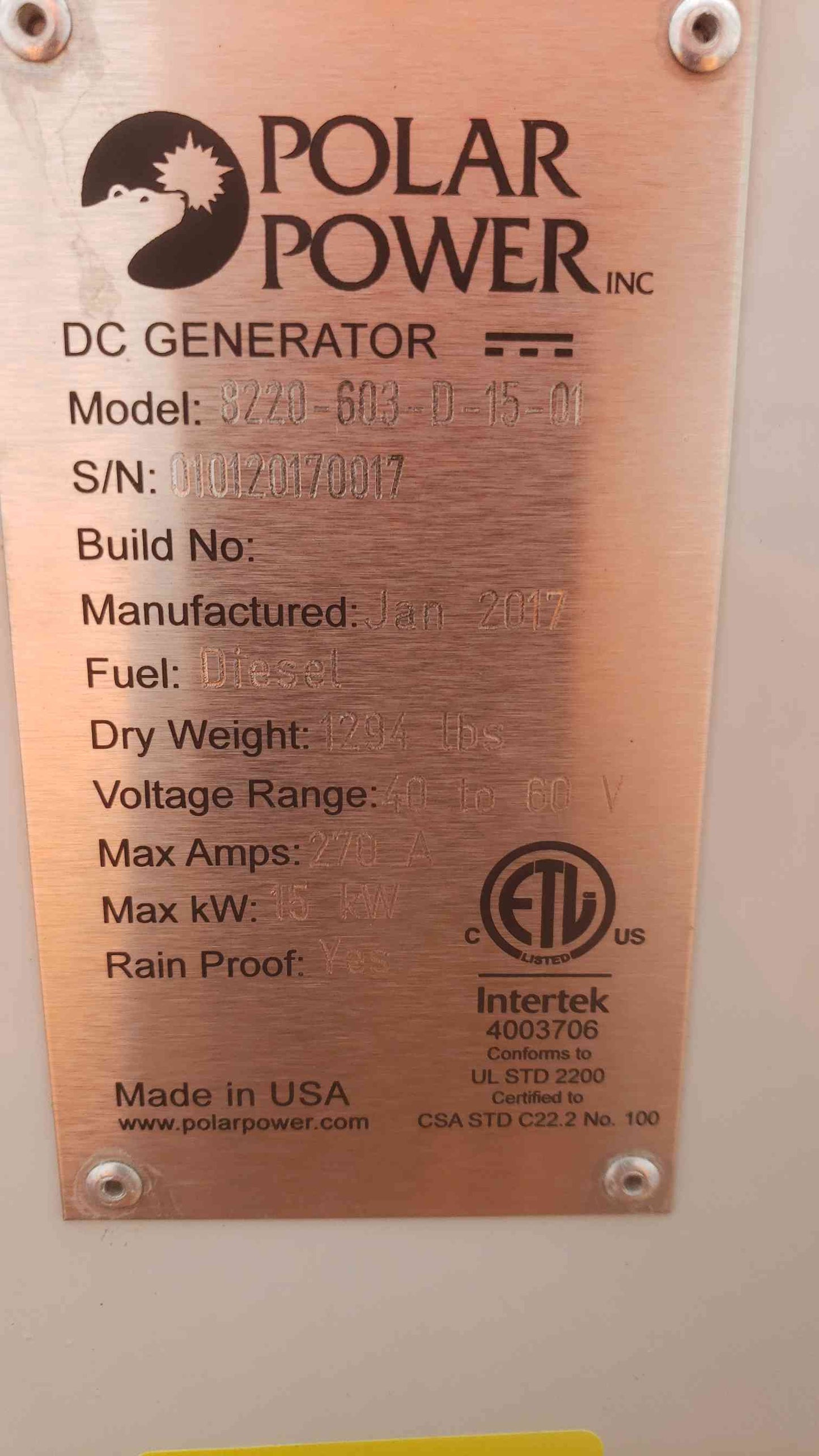 15KW Polar DC Generator 40-60V 270A Diesel 92Hrs 8220-603-D-15-01 TESTED (109104)