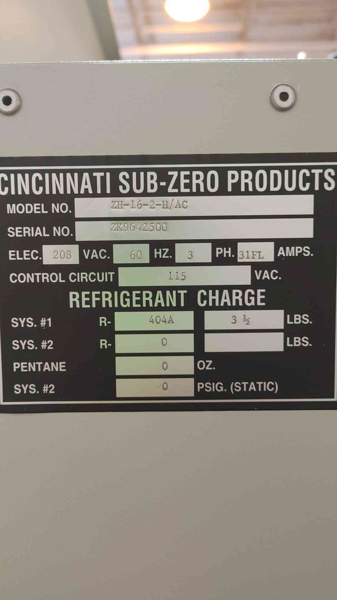 Cincinnati Sub-Zero Refrigerator ZH-16-2-H/AC 208 VAC 60 HZ 3 Ph R-404A (109177)