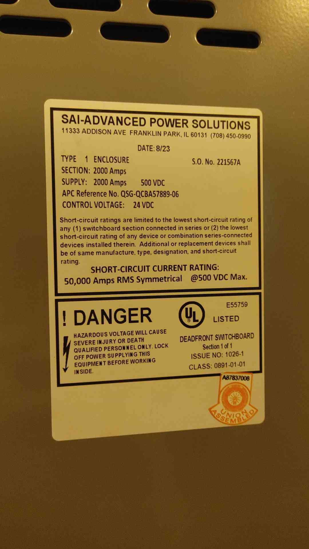SAI-ADVANCED POWER SOLUTIONS 2000 Amp 500 VDC Deadfront Switchboard 2000 Amp 600V