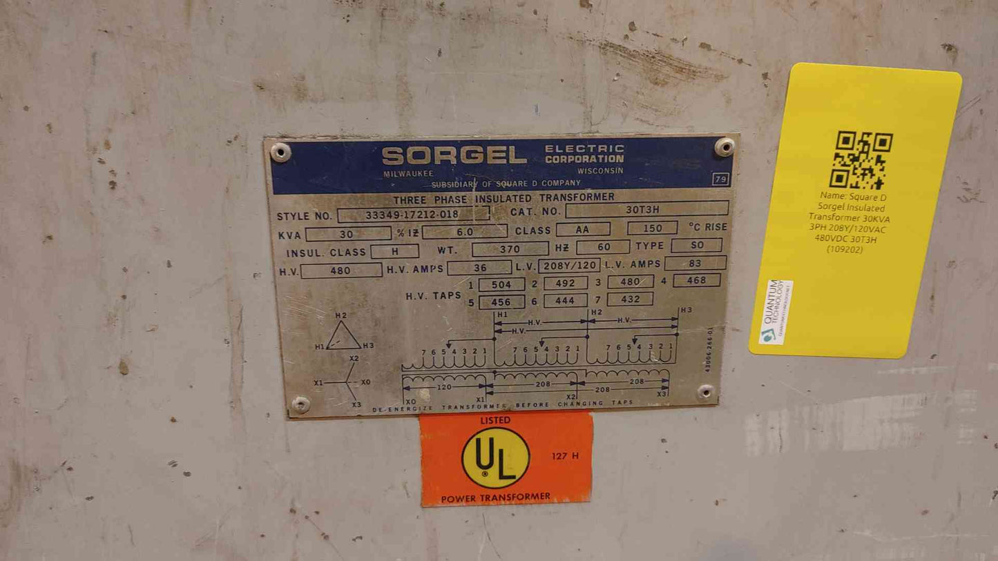 Square D Transformer 30KVA 3PH 480v x 208Y/120VAC 30T3H (109202)