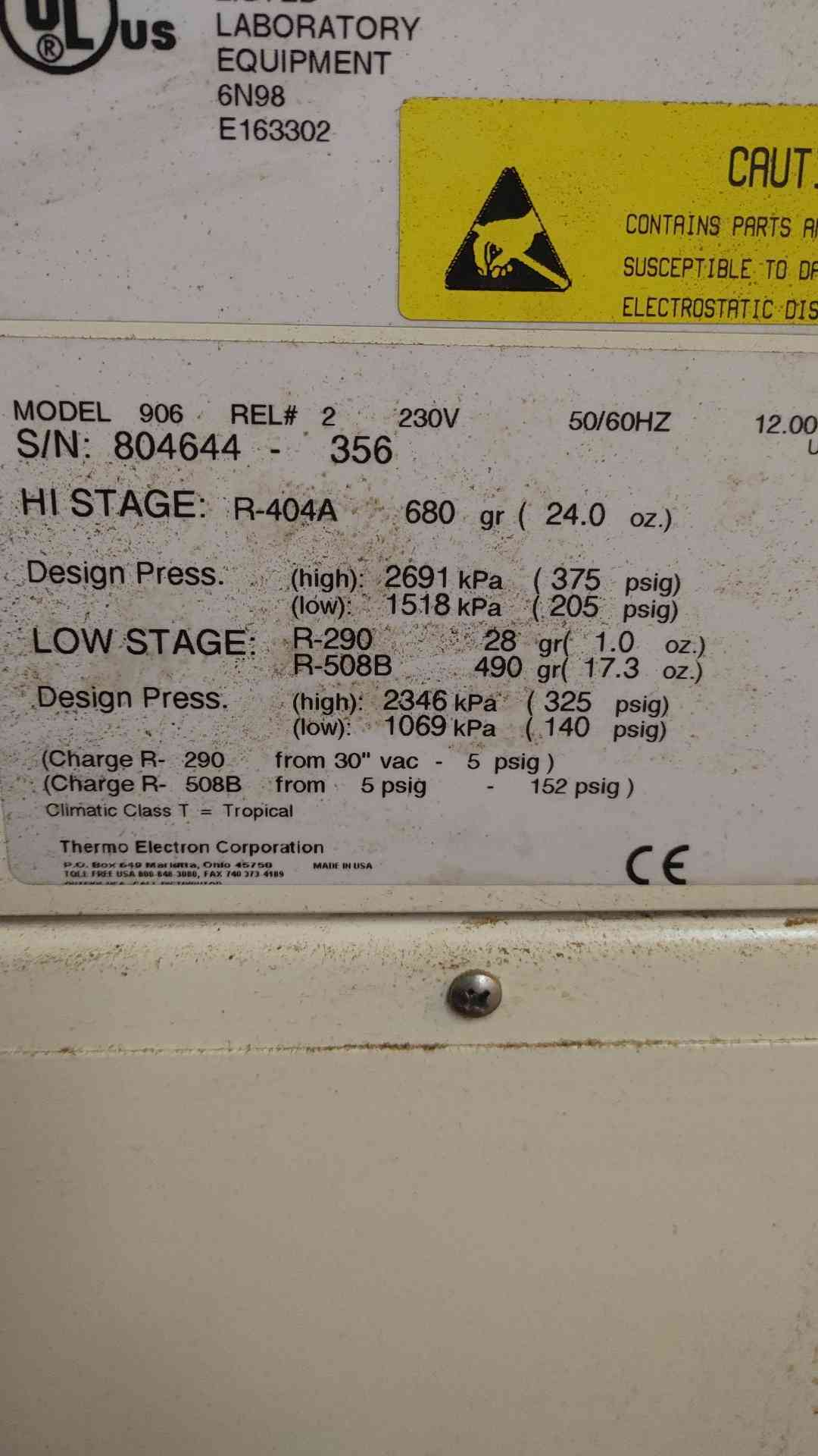 Thermo Electron Corporation Freezer Model 906 230V 1ph