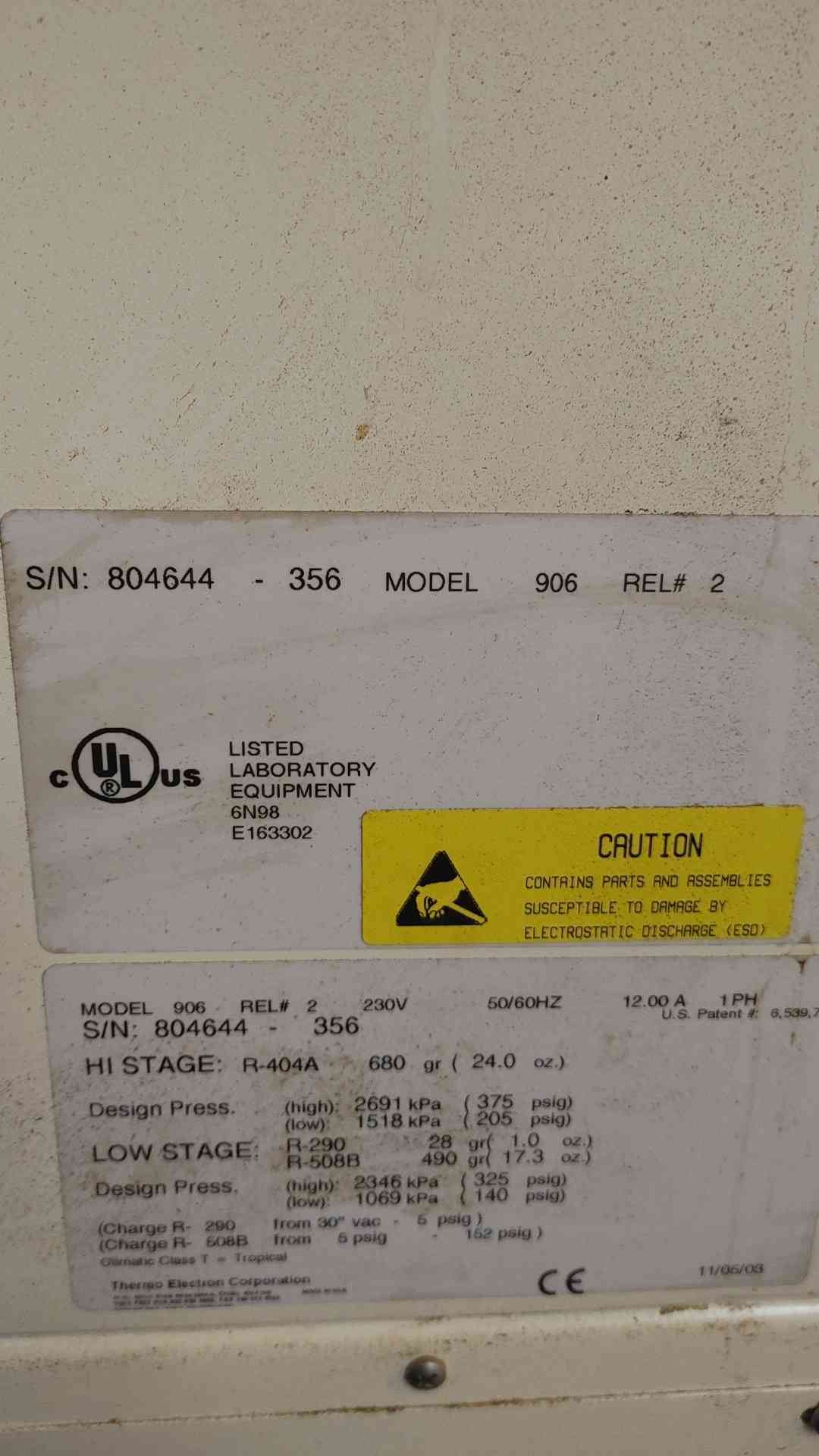 Thermo Electron Corporation Freezer Model 906 230V 1ph