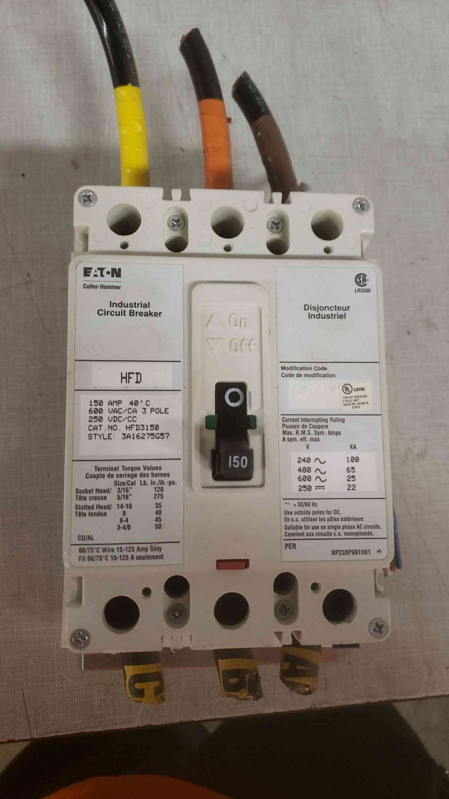Eaton Industrial 150A 3 Pole Circuit Breaker HFD3150