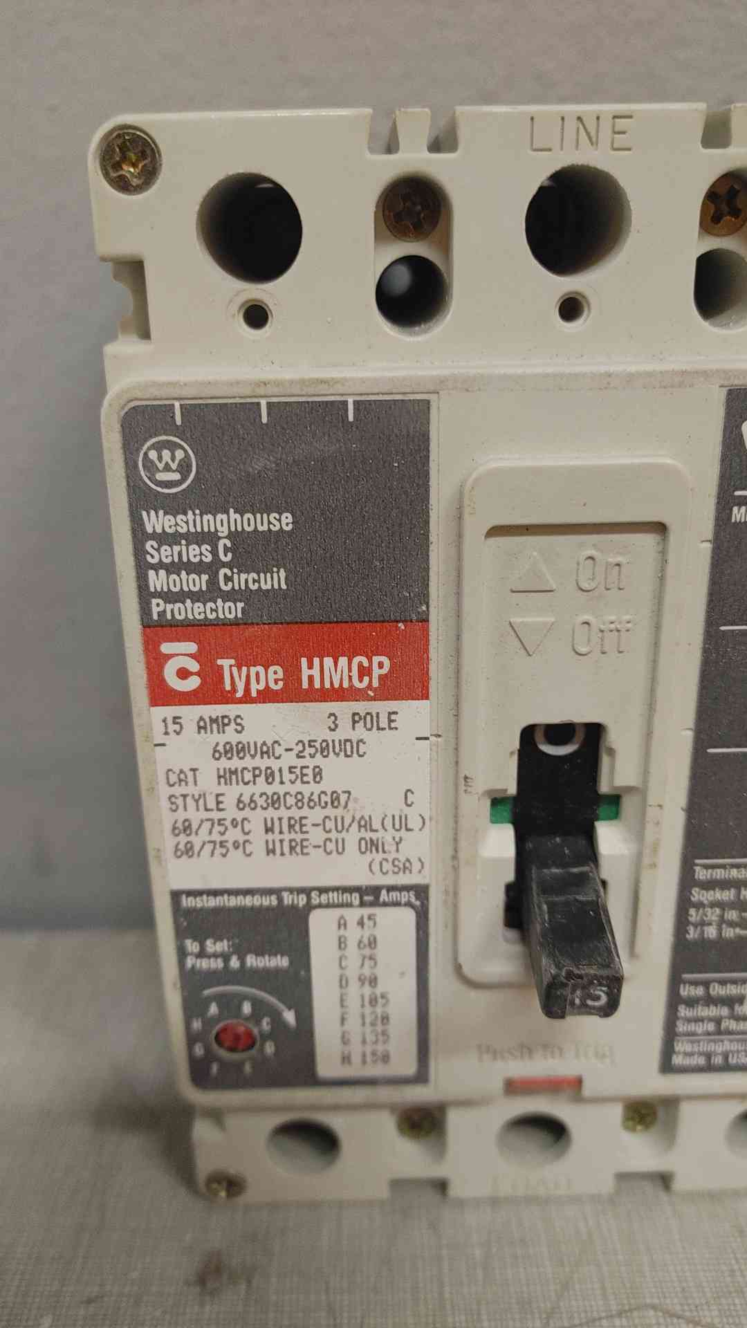 Cutler-Hammer 3 Pole Circuit Breaker 15A 600VAC-250VDC HMCP015E0 (109400)