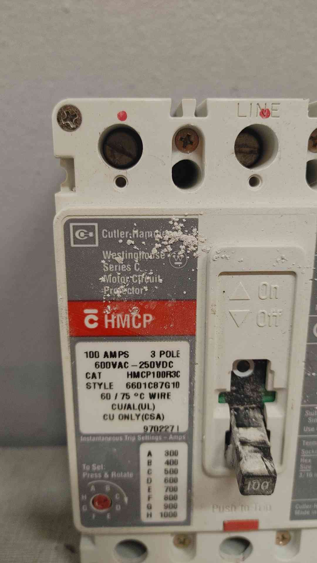 Cutler-Hammer 3 Pole Circuit Breaker 100A 600VAC-250VDC HMCP100R3C (109401)