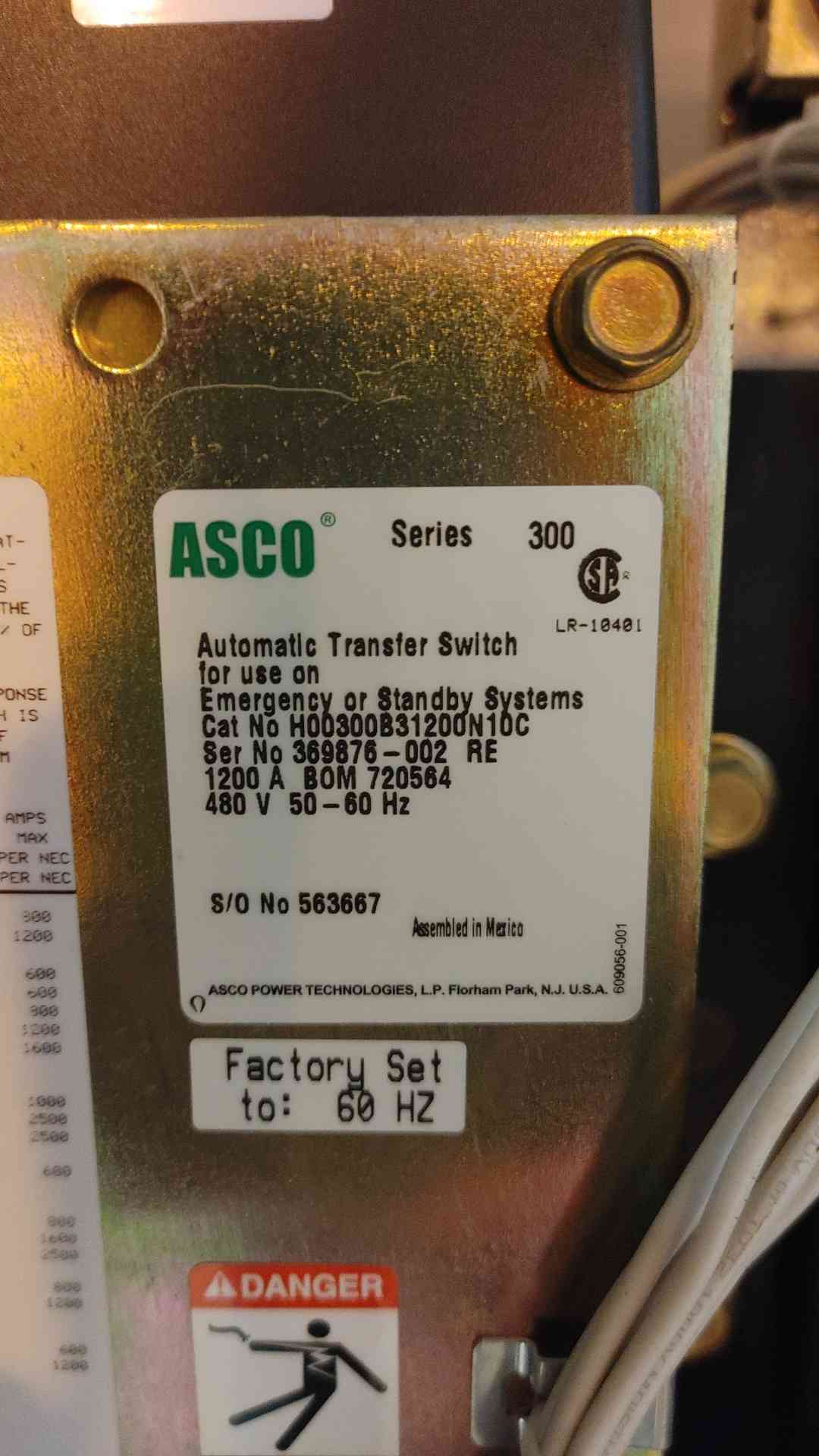 Asco Series 300 Automatic Transfer Switch H00300B31200N10C 1200A 480v ATS (109384)