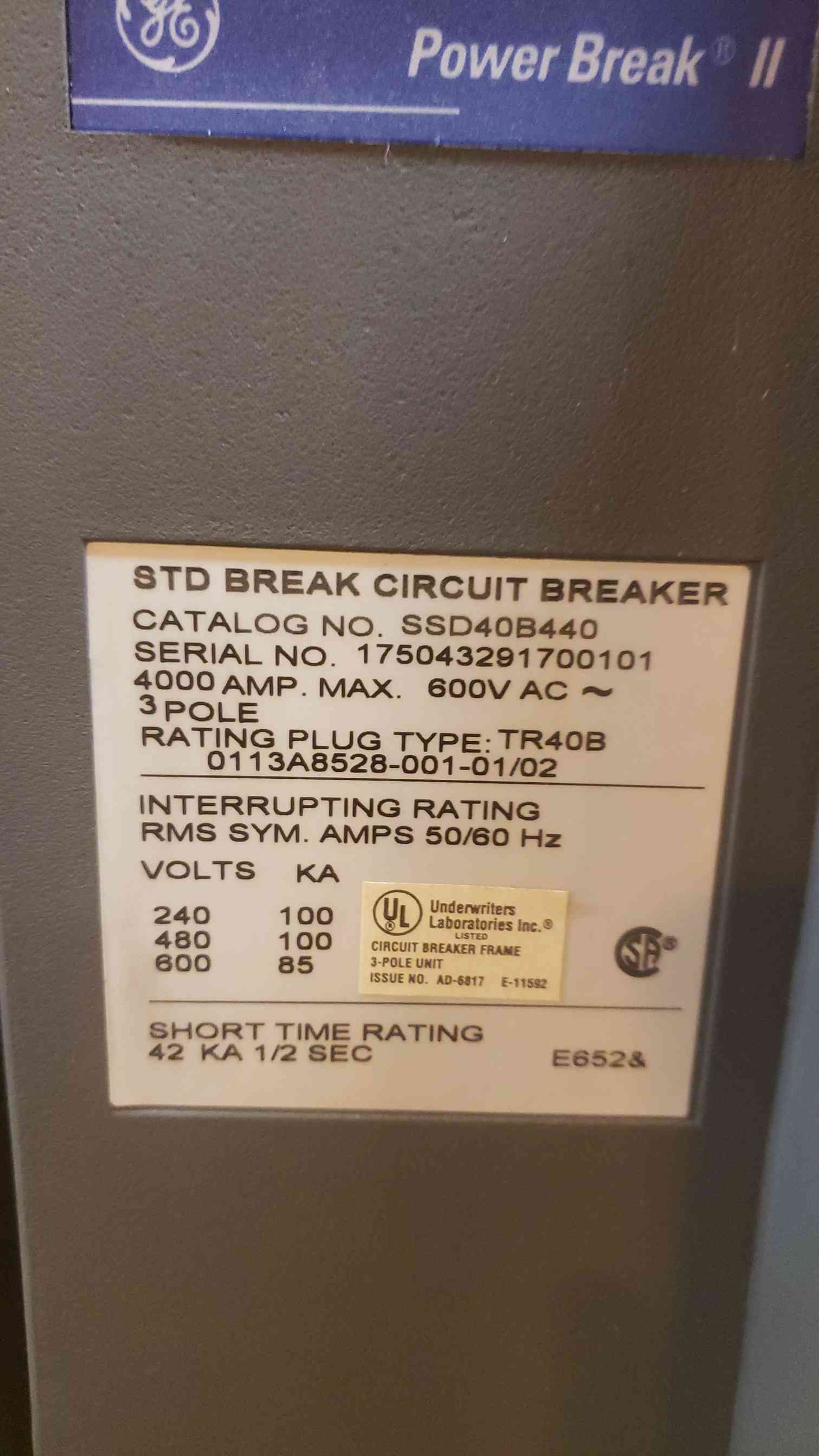 GE 4000A Power Break Switchgear Section 2 480V (SKU: 109440)