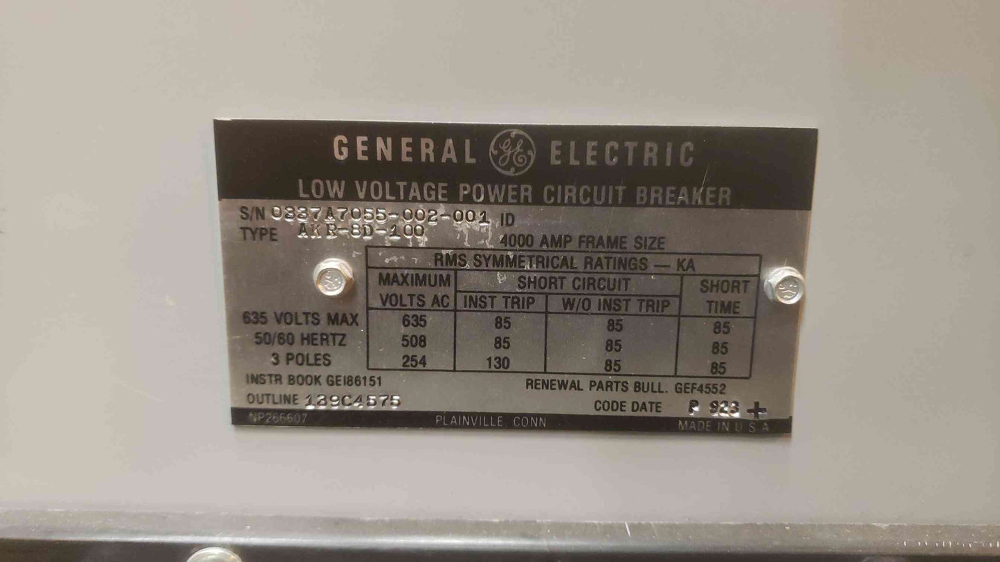 GE 4000A 635V Max Low Voltage Power Circuit Breaker AKR-8D-100 (SKU: 109428)