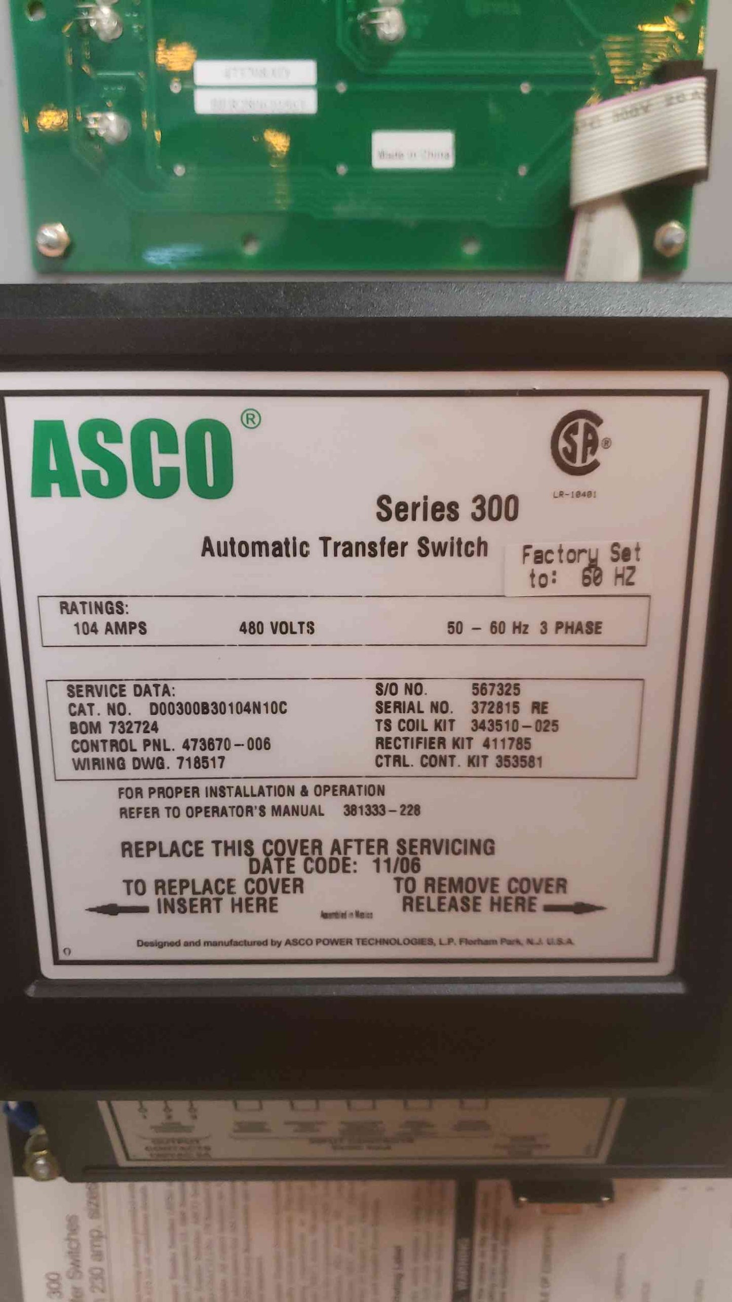 ASCO Series 300 3PH 104A 480V ATS D00300B30104N10C Automatic Transfer Switch (SKU: 109559)