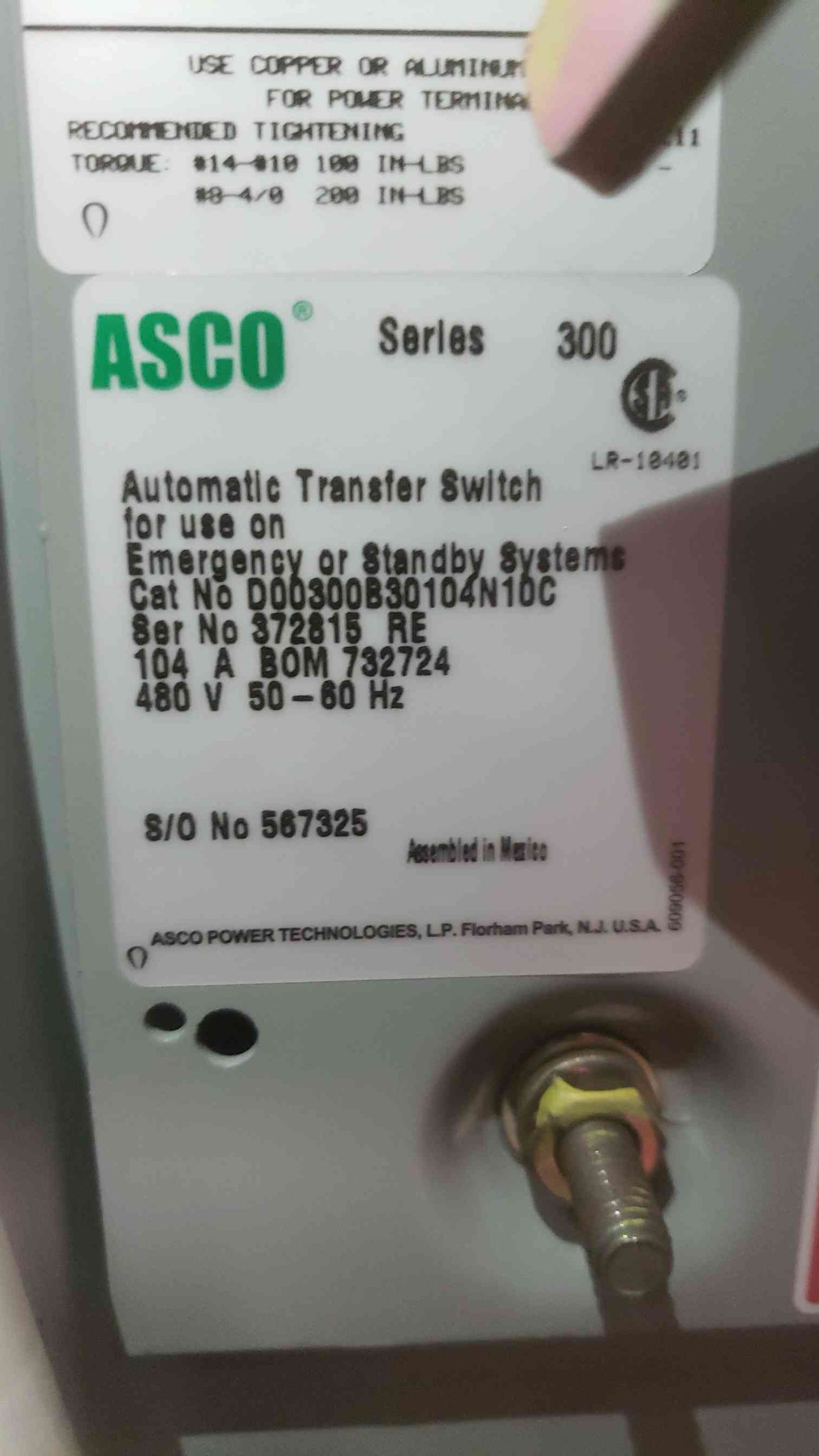 ASCO Series 300 3PH 104A 480V ATS D00300B30104N10C Automatic Transfer Switch (SKU: 109559)
