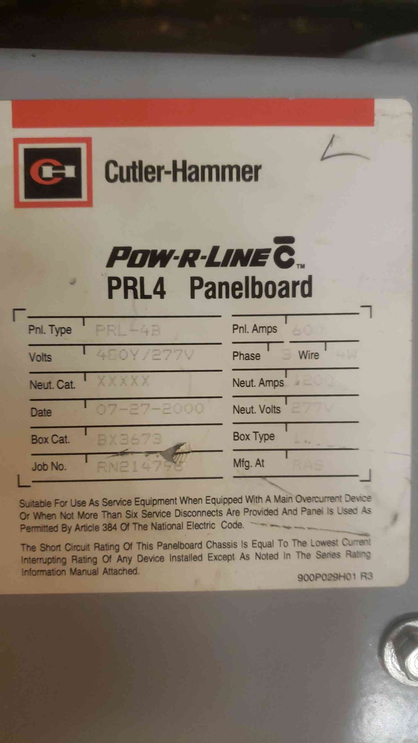 Cutler-Hammer 600A 480Y/277V Panelboard PRL-4B (SKU: 109562)