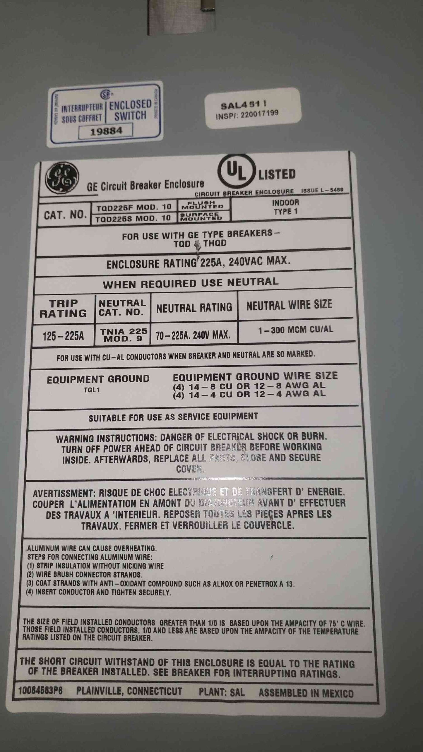 GE Circuit Breaker Enclosure 225A Max 240VAC Max TQD225S (SKU: 109672)