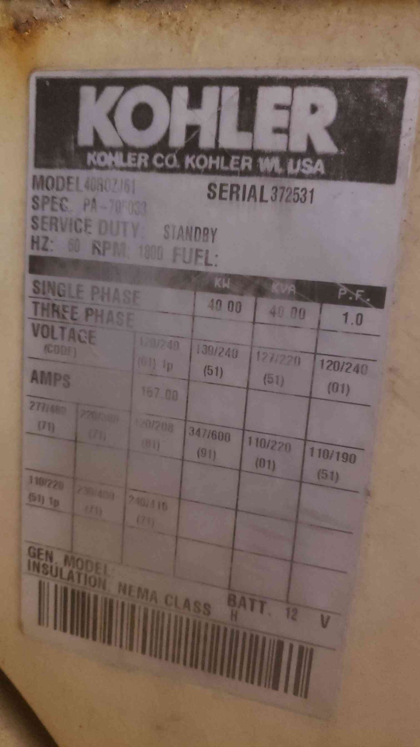 40KW Kohler 40R0ZJ61 1&3PH Diesel 1179Hrs. (SKU: 109705)