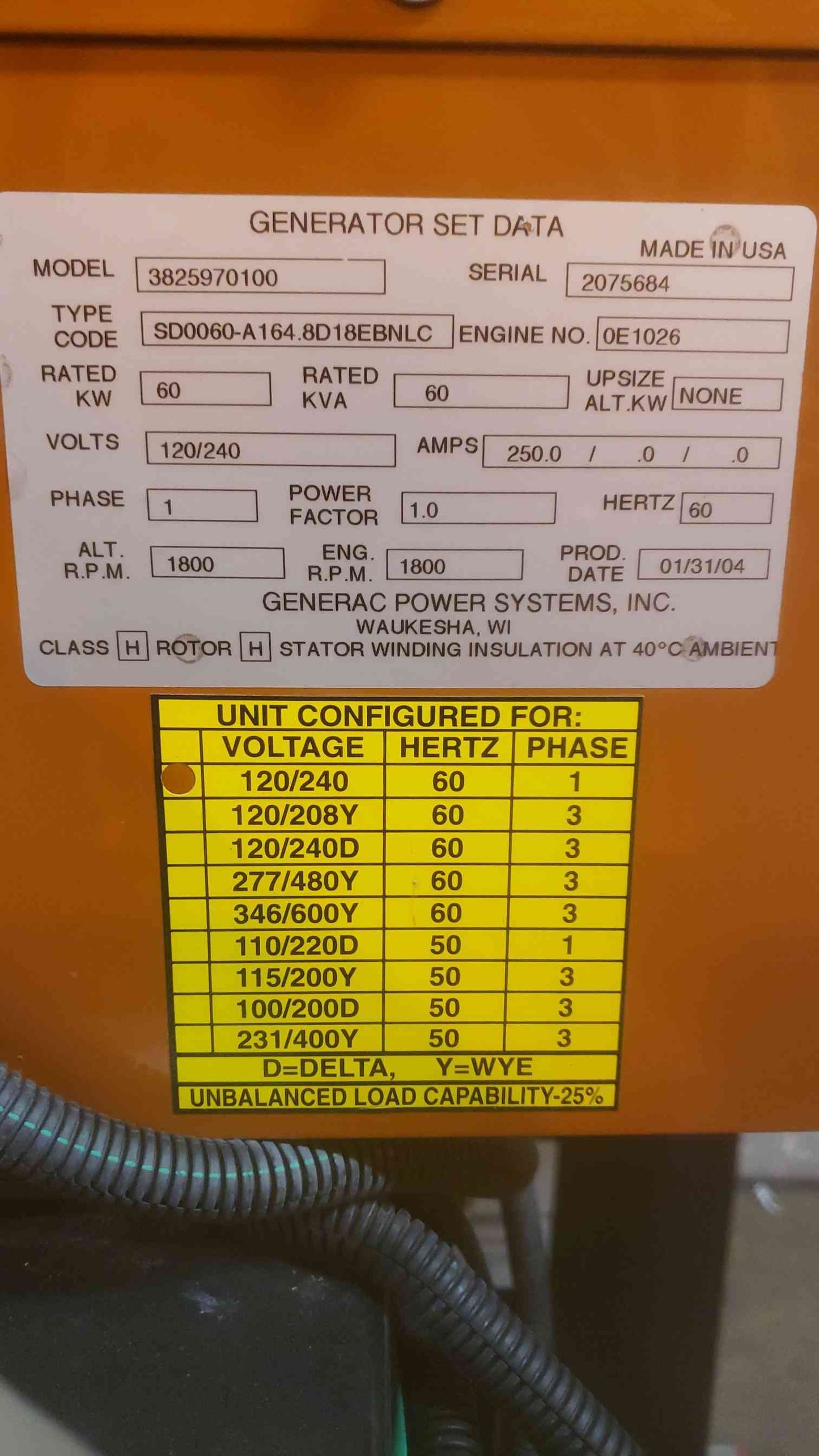 60KW GENERAC 1PH Diesel Generator 244 Hrs. '04 Tested