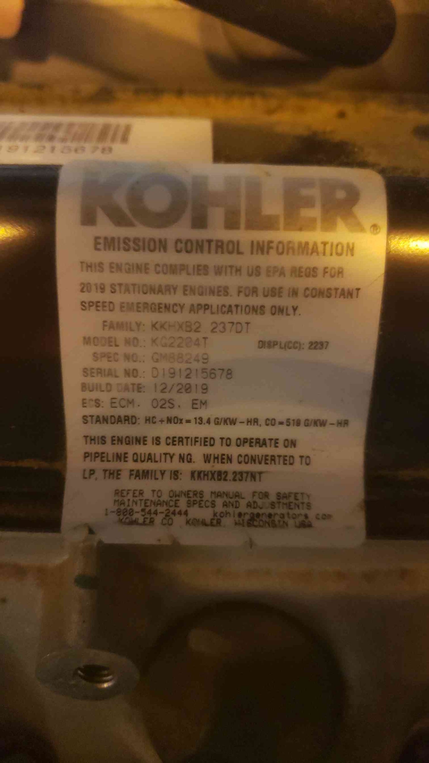 30KW Kohler Nat Gas LP 30CCL 153 Hrs '19 1PH Generator (SKU: 109816)