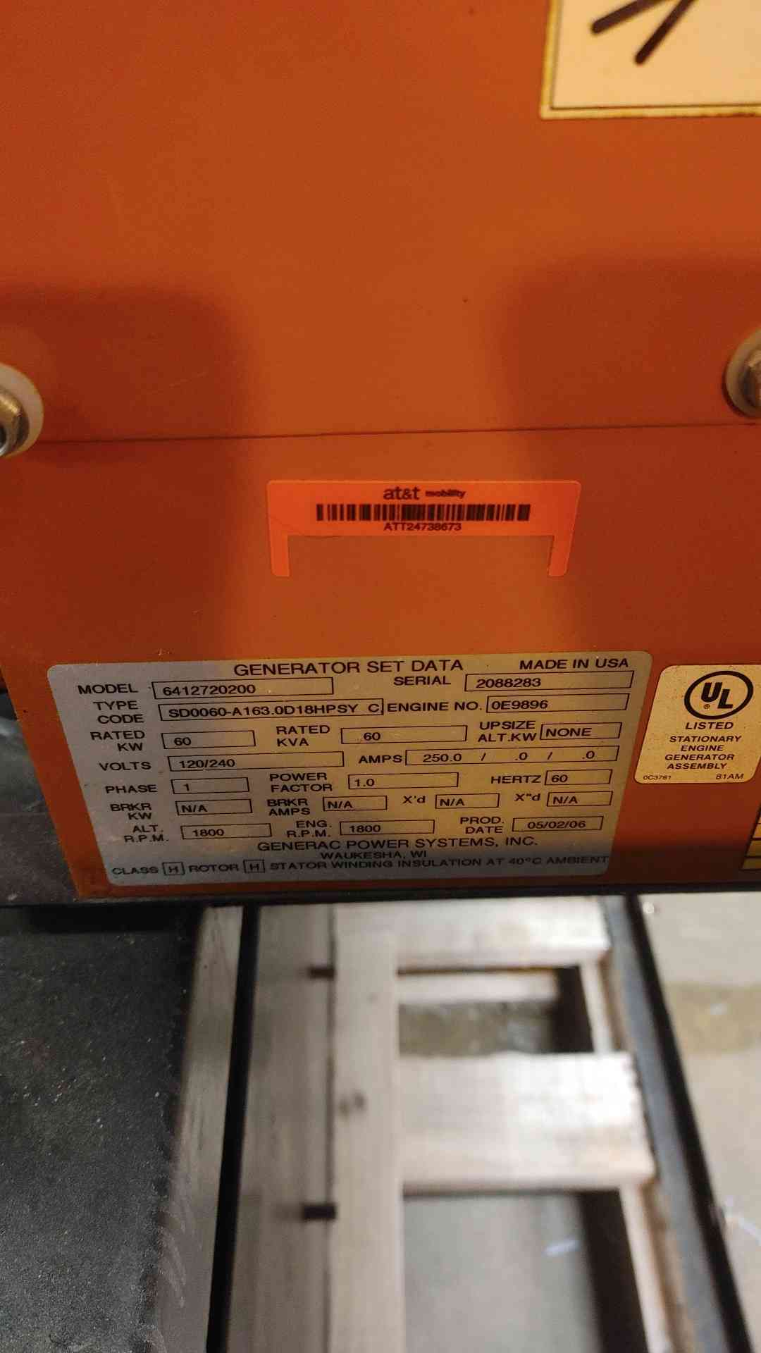60KW Generac Diesel Generator John Deere 5030 Engine 1PH 245 Hrs. TESTED '06