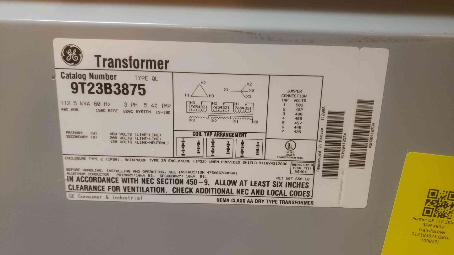 GE 112.5KVA 3PH 480V x 208/120v Dry Type Transformer 9T23B3875 (SKU: 109827)