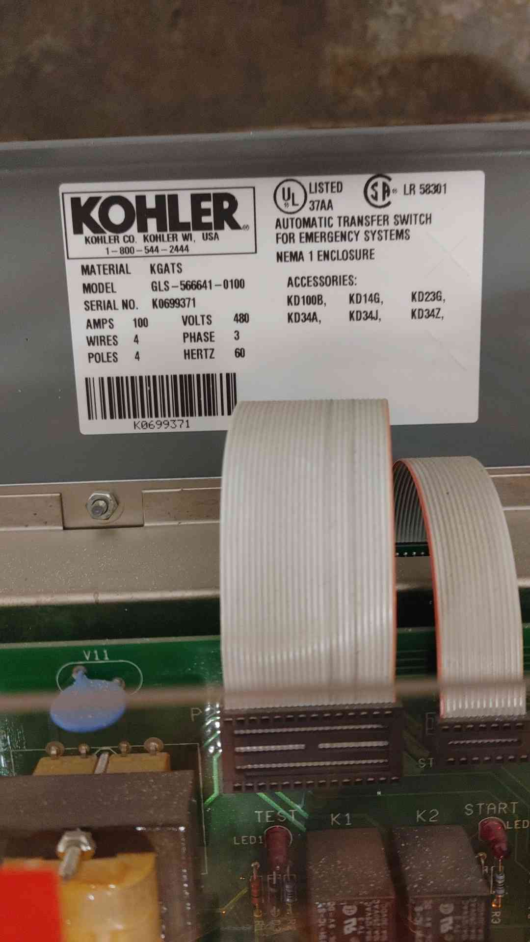 KOHLER ATS Automatic Transfer Switch 480V 100A 3PH 60Hz GLS-566641-0100 (SKU: 109937)