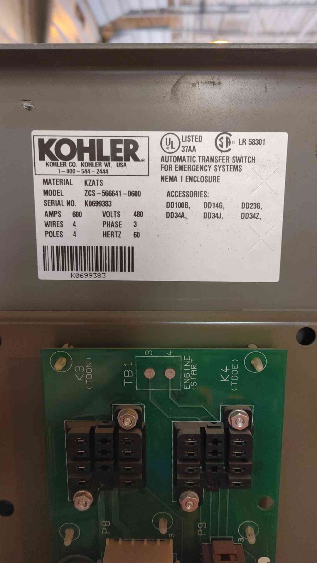 KOHLER ATS Automatic Transfer Switch 480V 600A 3PH 60Hz ZCS-566641-0600 (SKU: 109938)