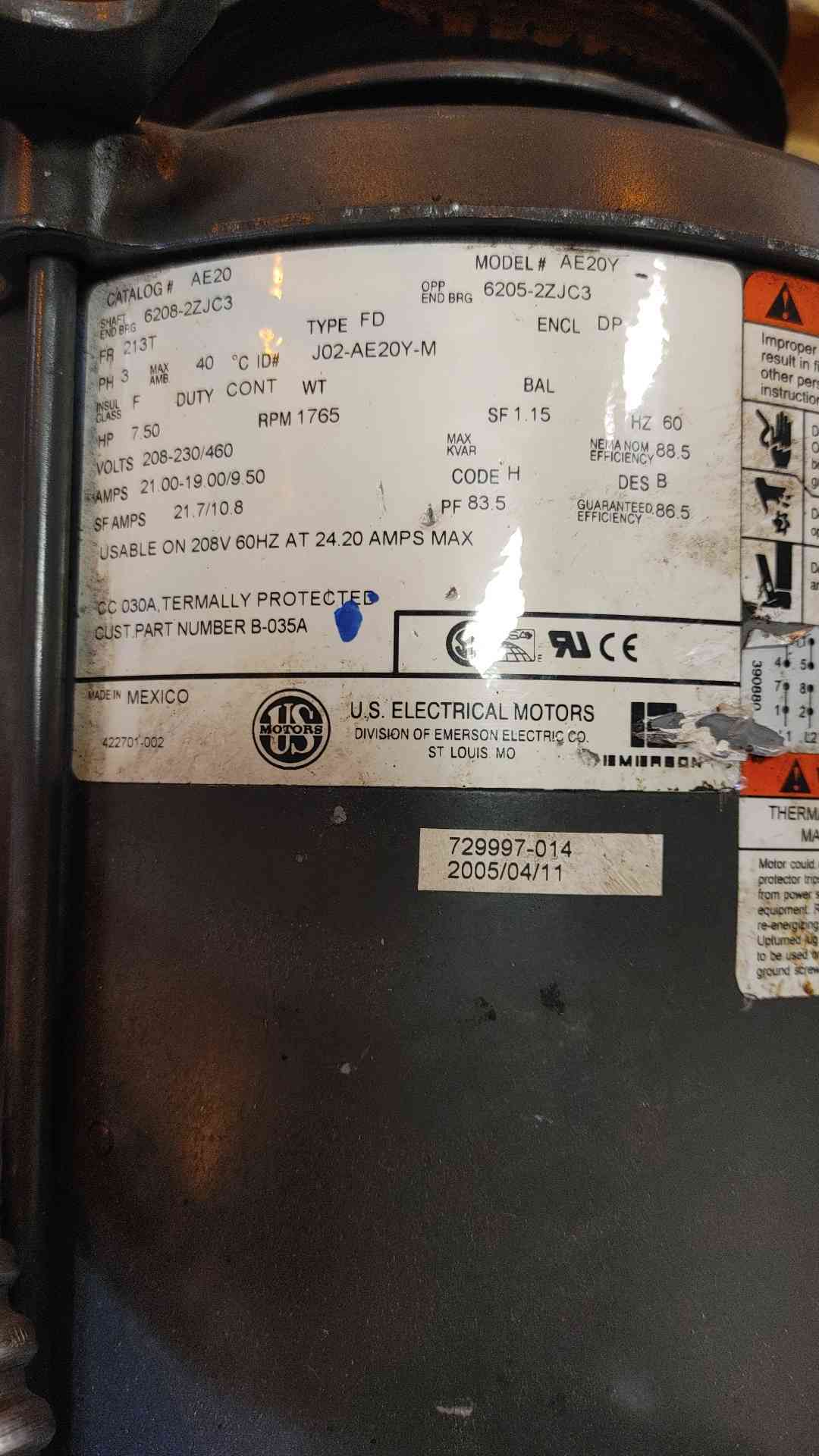 7.5HP U.S. Electrical Motors 208-230/460V 3PH 60Hz AE20Y(SKU: 110066)