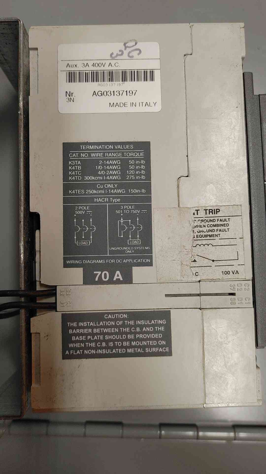 ABB SACE S3 Circuit Breaker Protector 70A 3POLES 600V (SKU: 110246)