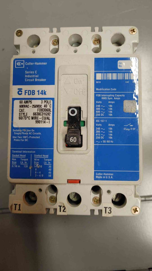 Cutler-Hammer FDB3060L Series C Industrial Circuit Breaker 60A 3POLES 600V (SKU: 110233)