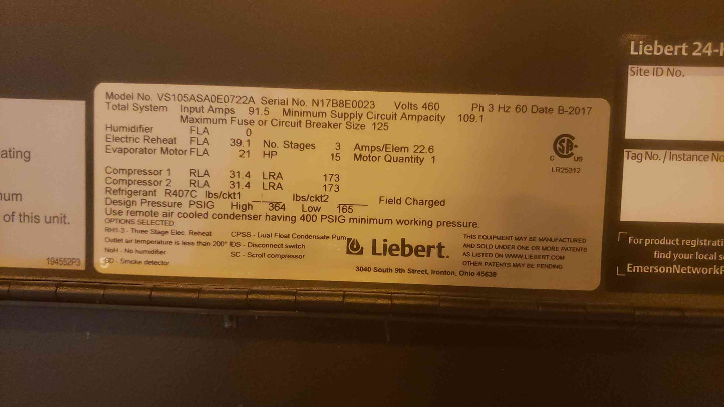 30 Ton Liebert Vertiv 460V 3PH CRAC UPFLOW VS105A SA0E0722A 2017 (SKU: 110530)