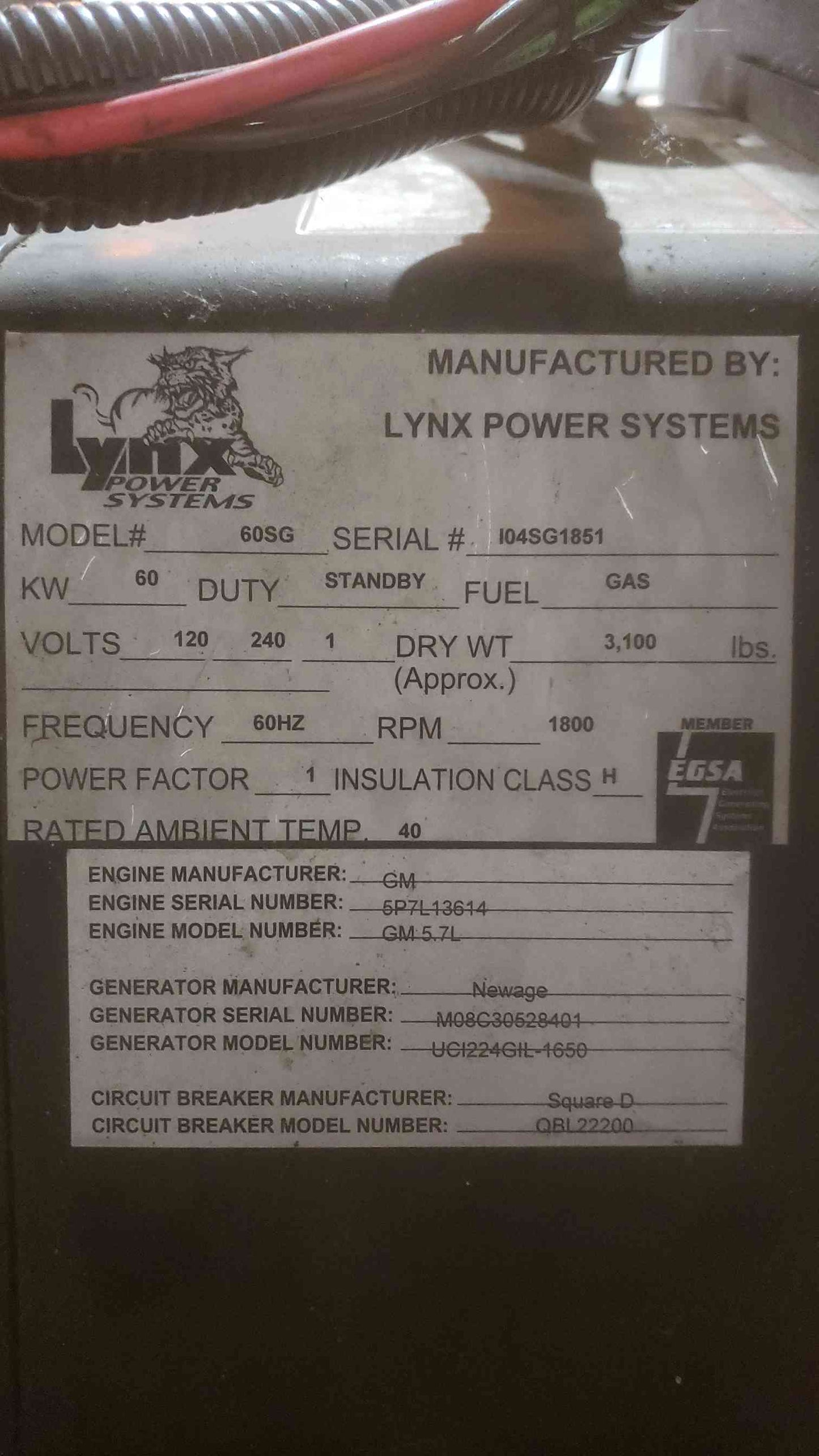 60KW Lynx Generator 1PH 60SG Nat Gas LP 567Hrs TESTED