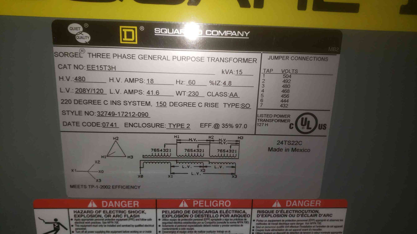 Square D 15KVA 480V x 208/120v 3PH Transformer EE15T3H (SKU: 110615)