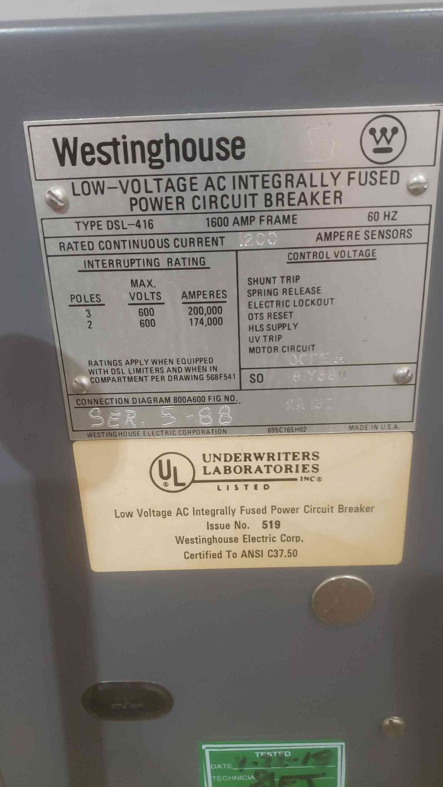 Westinghouse 1200A LV AC Fused Power Circuit Breaker DSL-416
