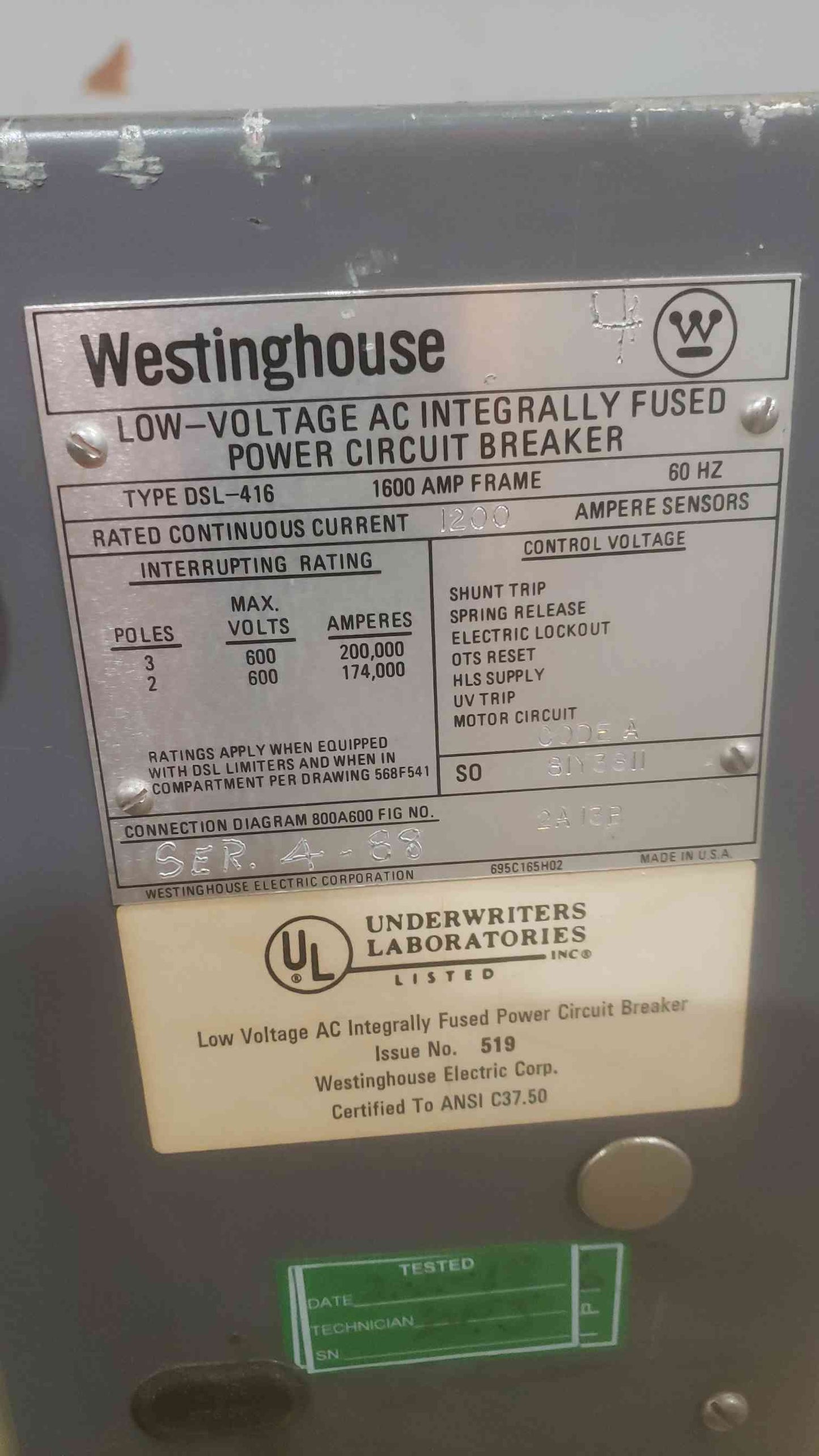 Westinghouse 1200A LV AC Fused Power Circuit Breaker DSL-416