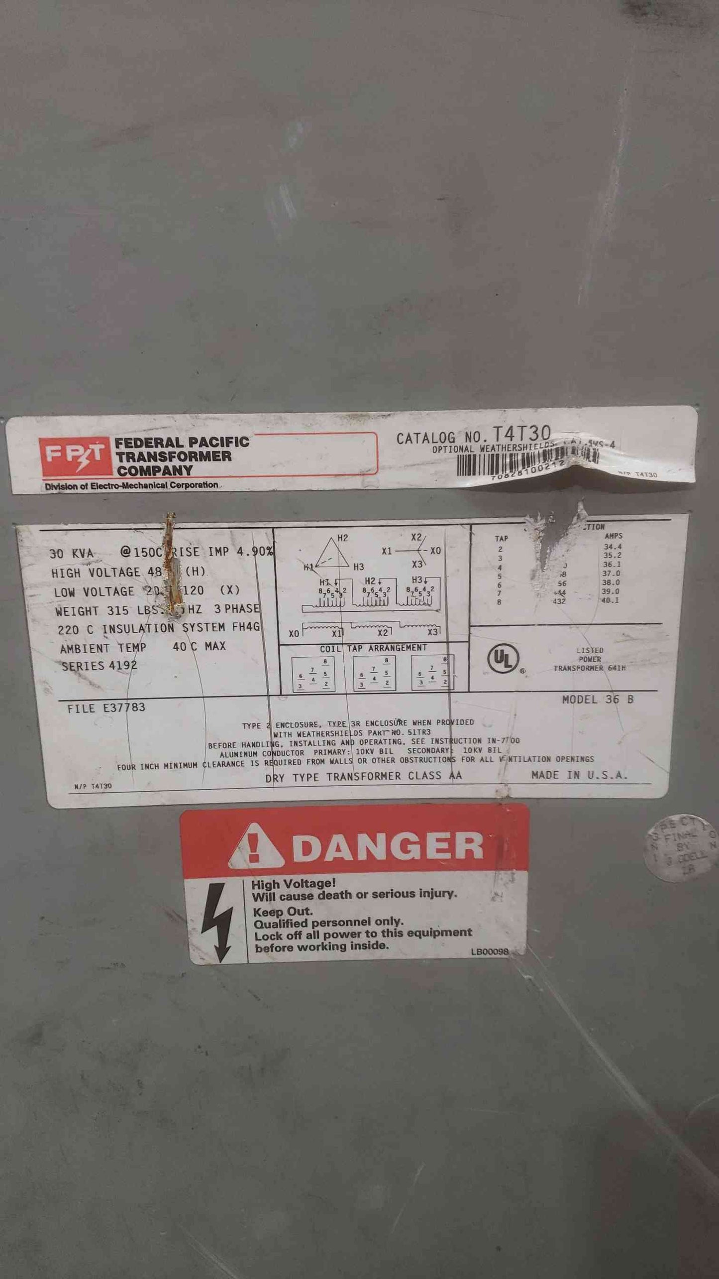 30KVA Federal Pacific Transformer T4T30 480 208/120