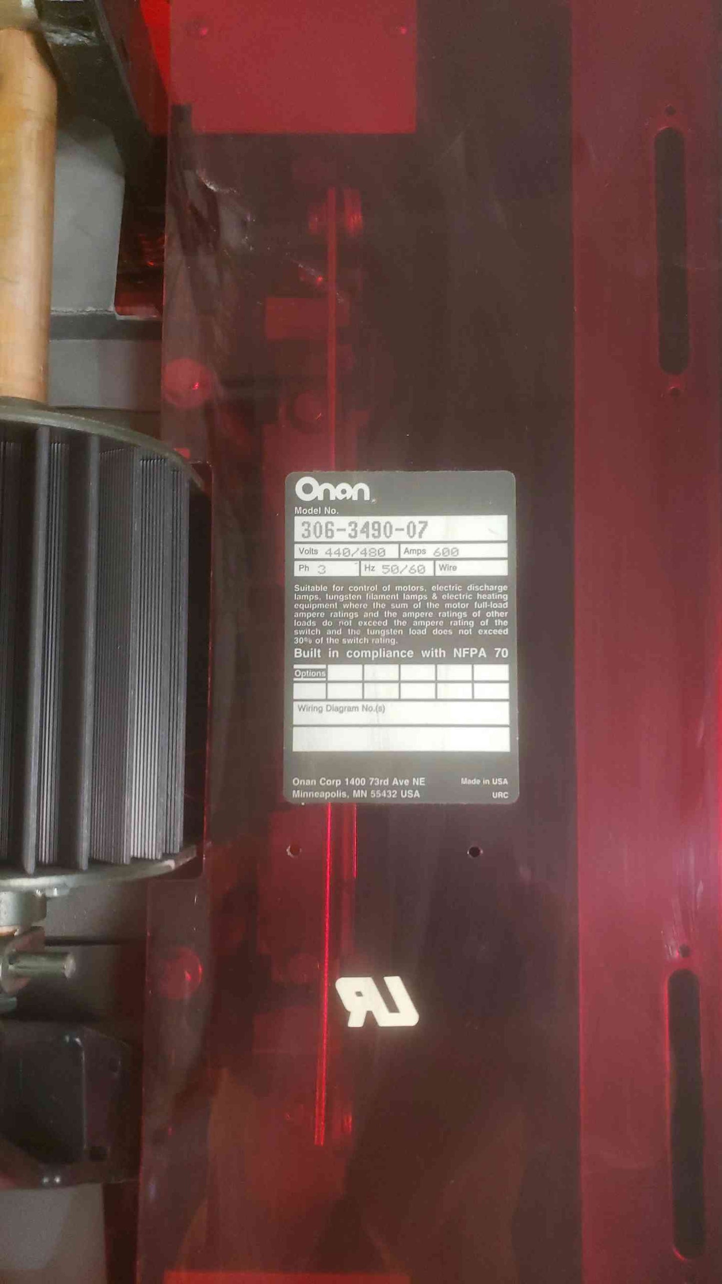 Onan 277/480V 600A ATS 3PH 60Hz Transfer Switch OTCU 600G 15G (SKU: 110838)