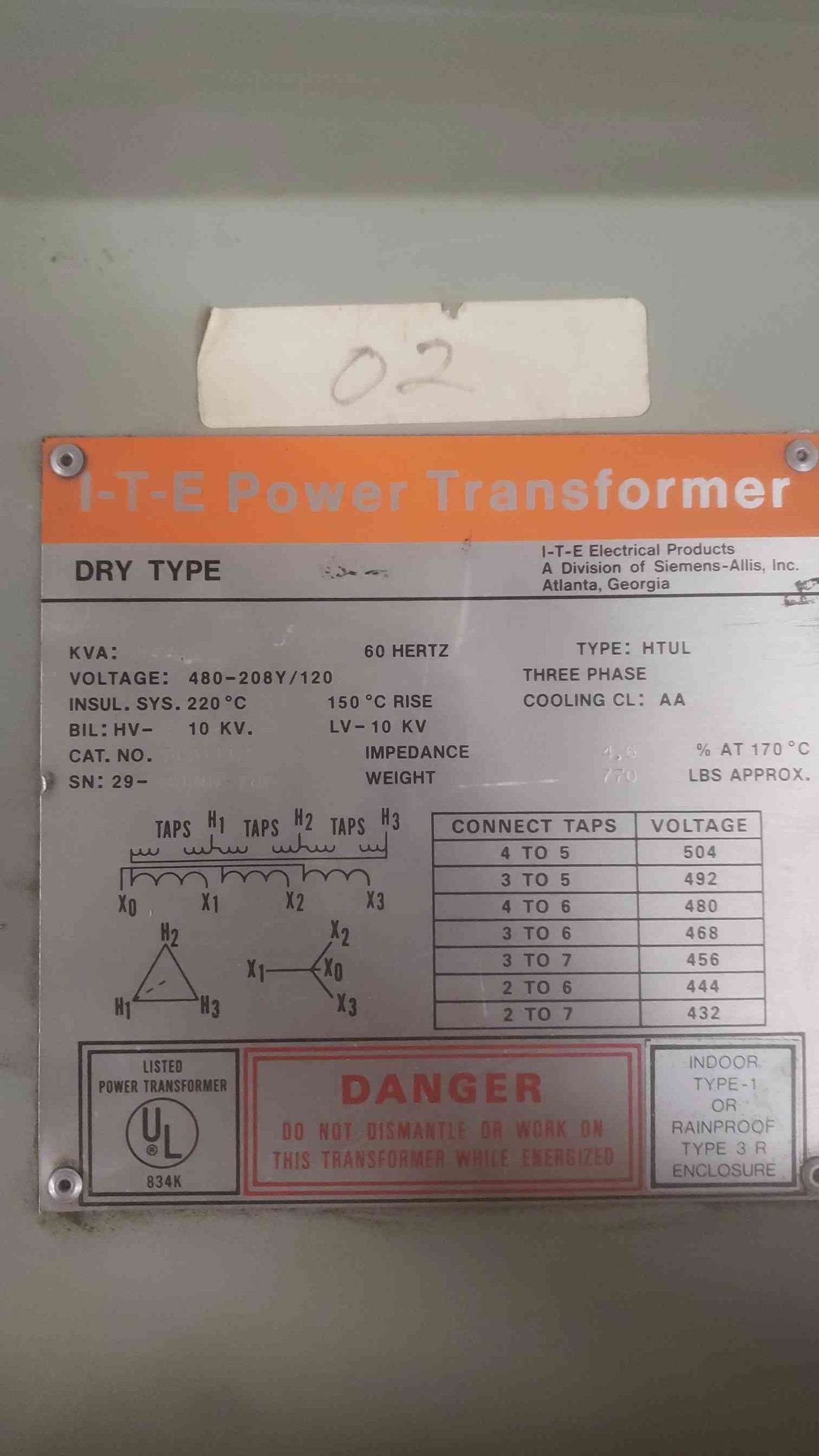 I-T-E 112.5KVA 480-208Y/120 60Hz Dry Type Transformer 3F3Y112 (SKU: 110853)