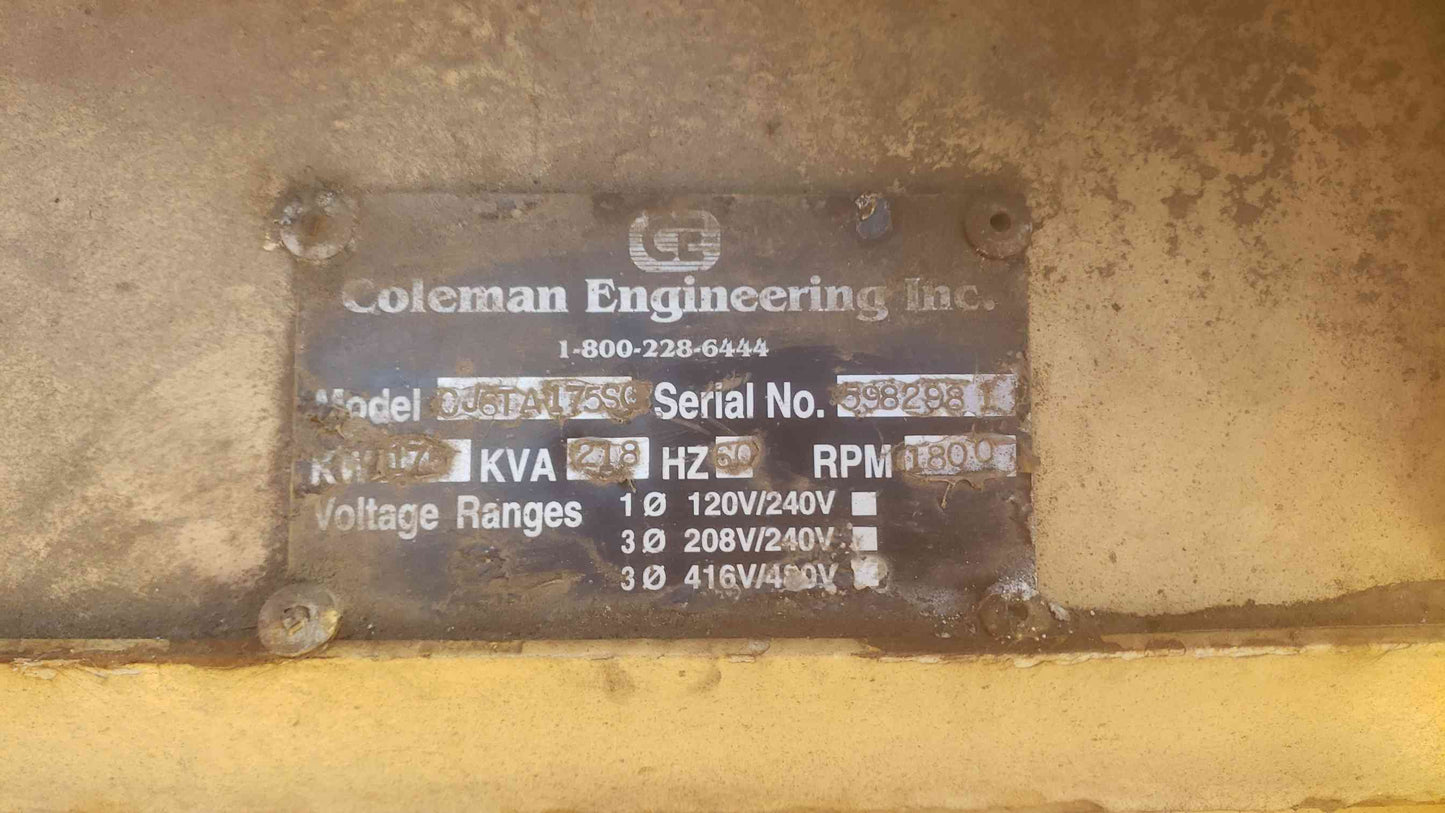 175KW Coleman SuperQuiet Diesel Towable Generator 2643 Hrs Trailer John Deere 6081 Multi Voltage Selector