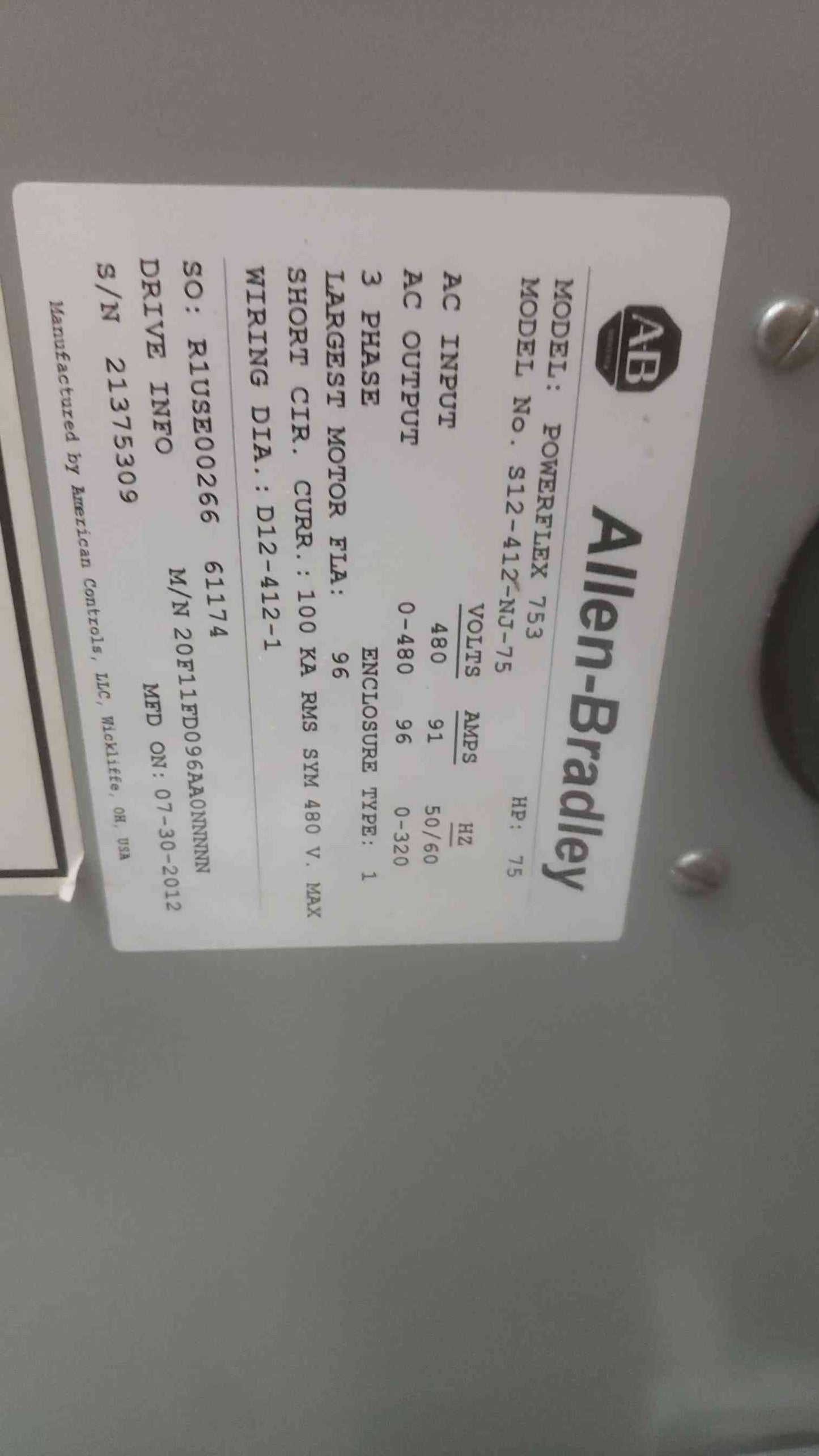 Allen-Bradley PowerFlex 753 75HP, 480V, 91A 3PH AC Drive VFD