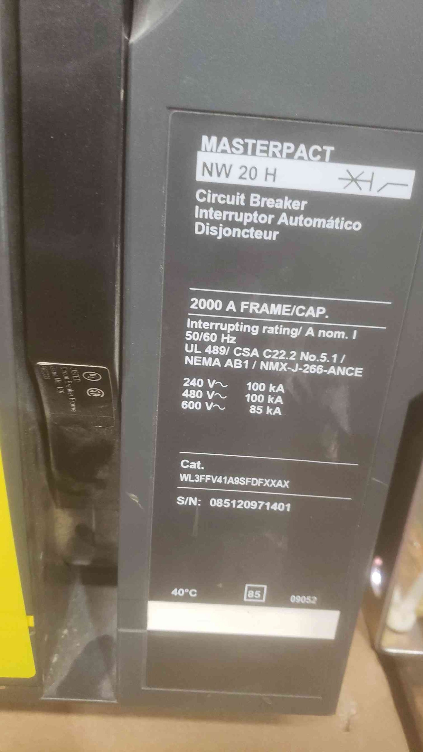 Square D 2000A Masterpact 3 Pole Breaker NW20H WL3FFV41A9SFDFXXAX (SKU: 110927)