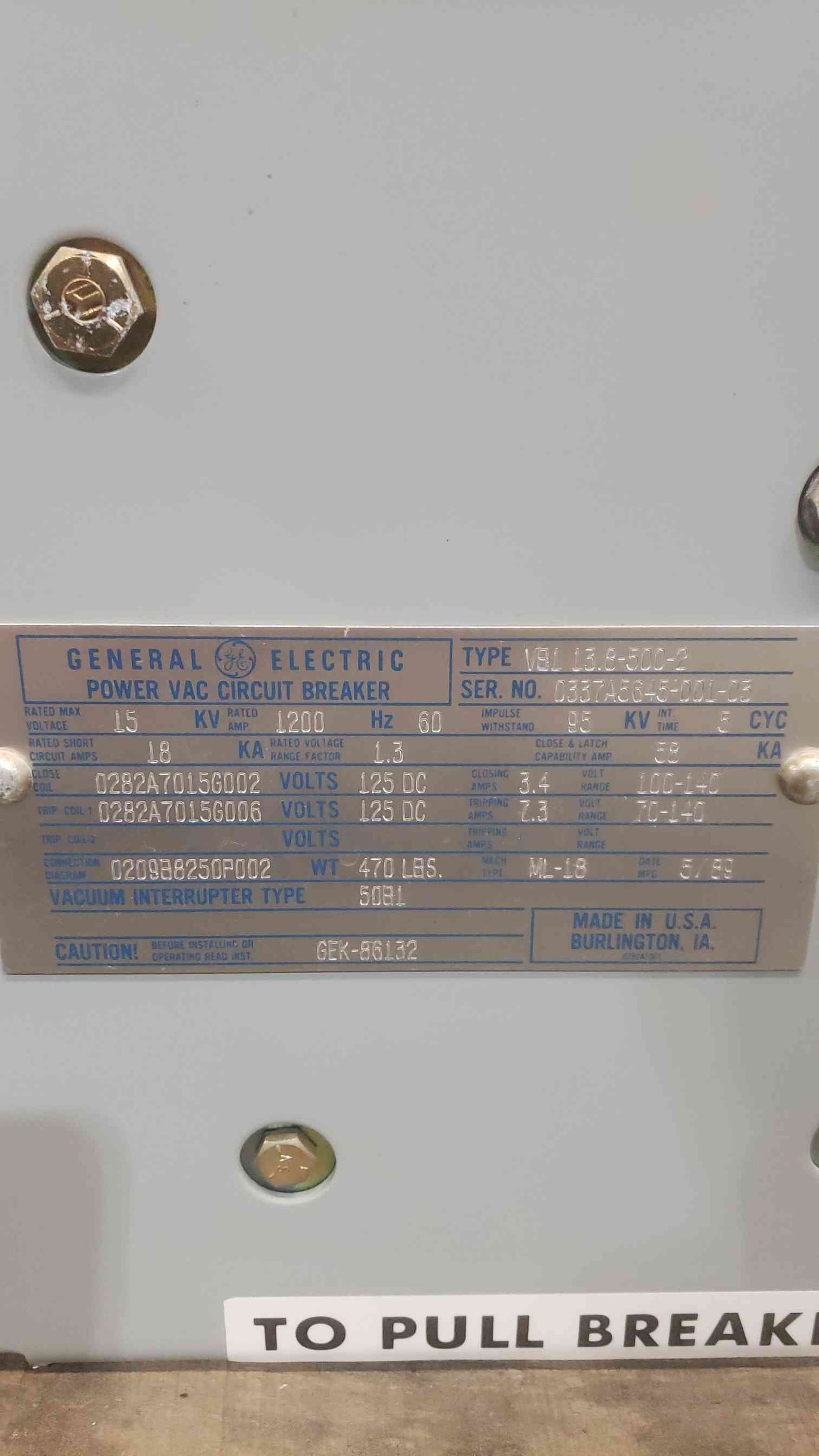 15KV GE 1200A 60Hz Power Vac VB1 Circuit Breaker VB1 13.8-500-2 (SKU: 111014)