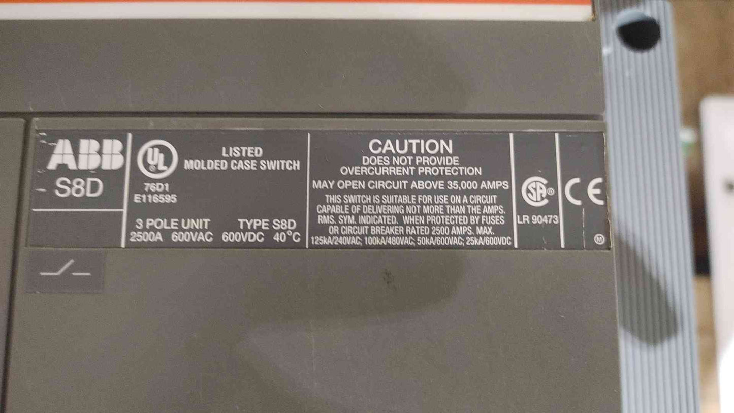 ABB 2500A 600VAC/VDC 3 Pole Breaker S8D (SKU: 111016)