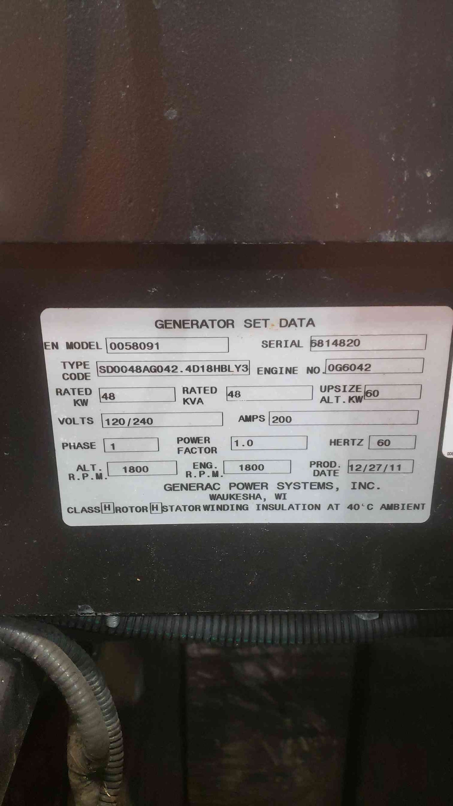 48KW 50KW Generac John Deere 4024 1PH Diesel Generator 0058091 242.5Hrs '11 (SKU: 111001)