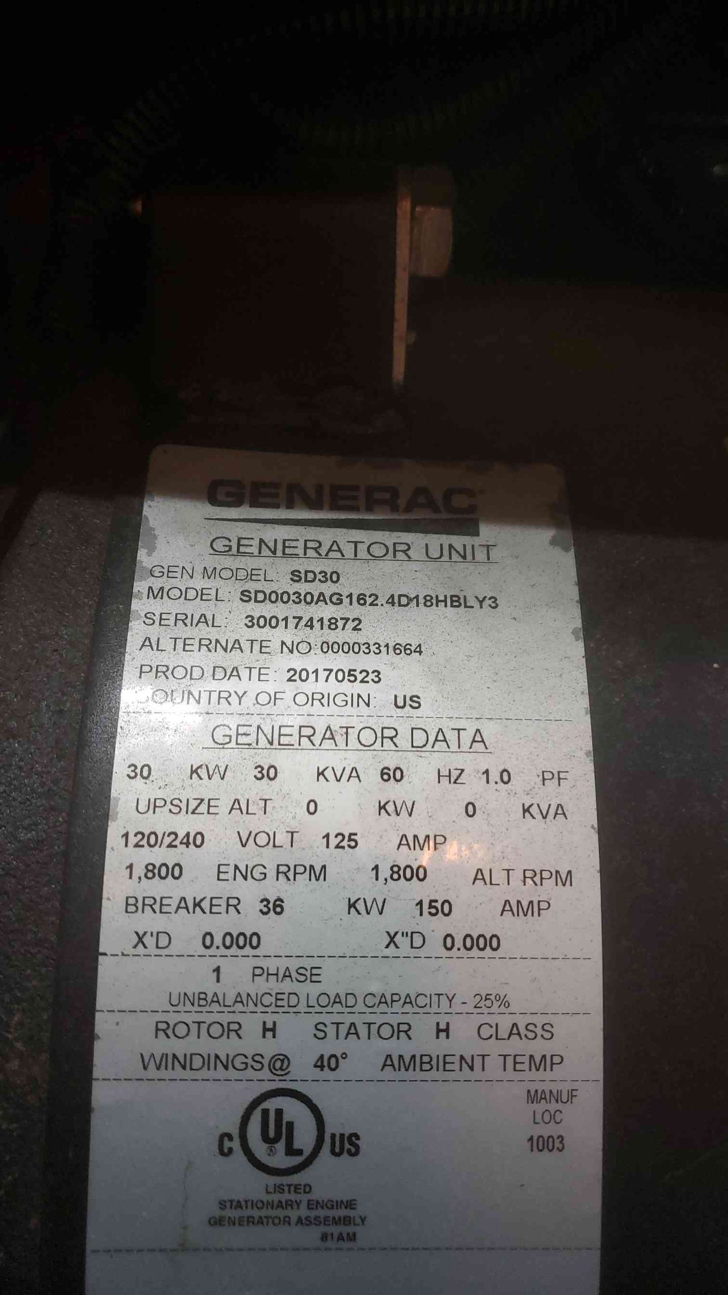 30KW Generac 120/240V 125A 1PH Cummins 2.4L Diesel Generator SD30 499.2Hrs TESTED (SKU: 111002)