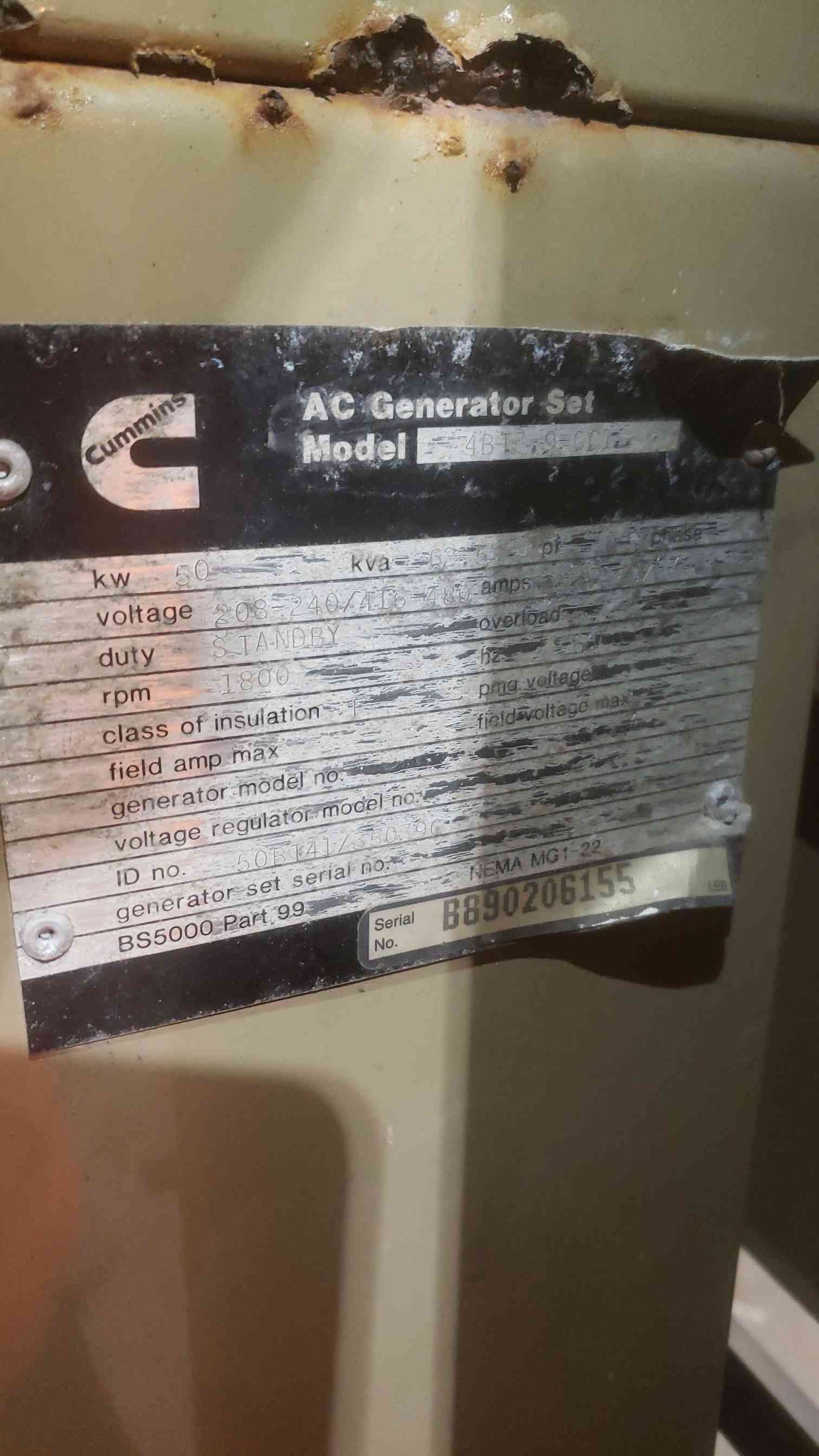 50KW Cummins 1&3PH Diesel Generator 4BT-3.9 1332Hrs (SKU: 111004)