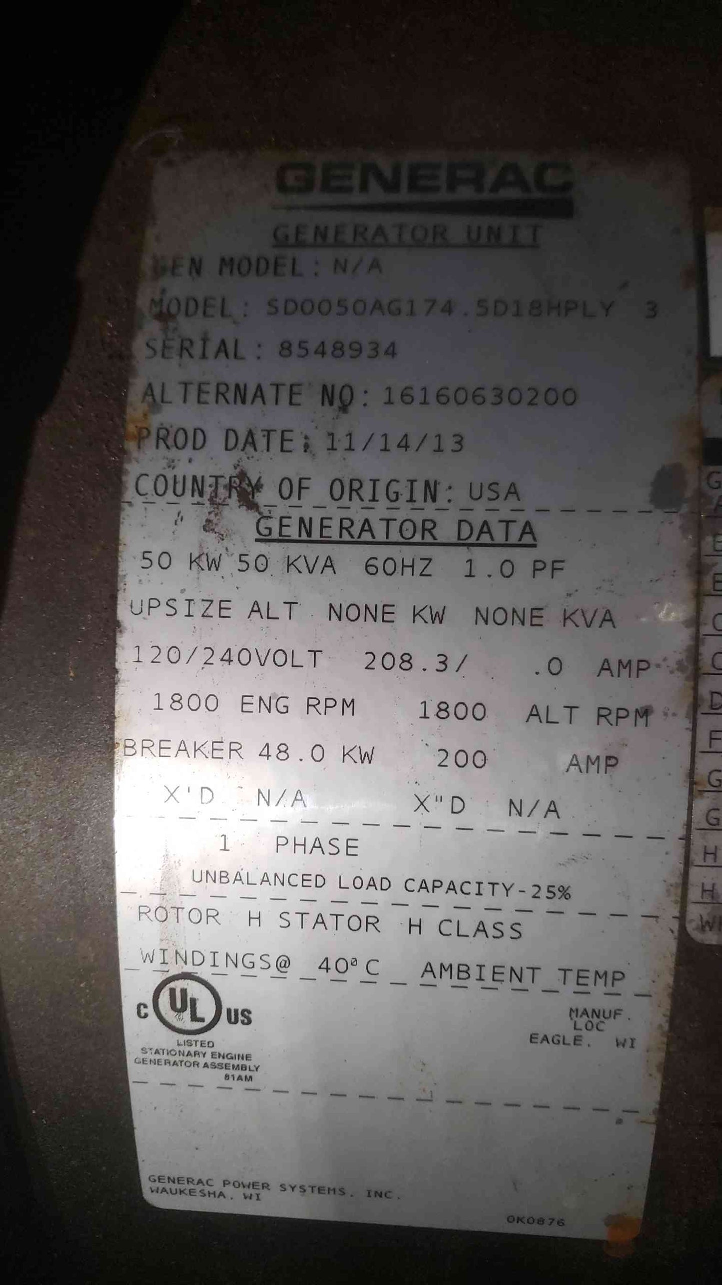 AS IS 50KW Generac 1PH Diesel Generator SD0050 378.2Hrs 2.4L FPT '13 (SKU: 110723)