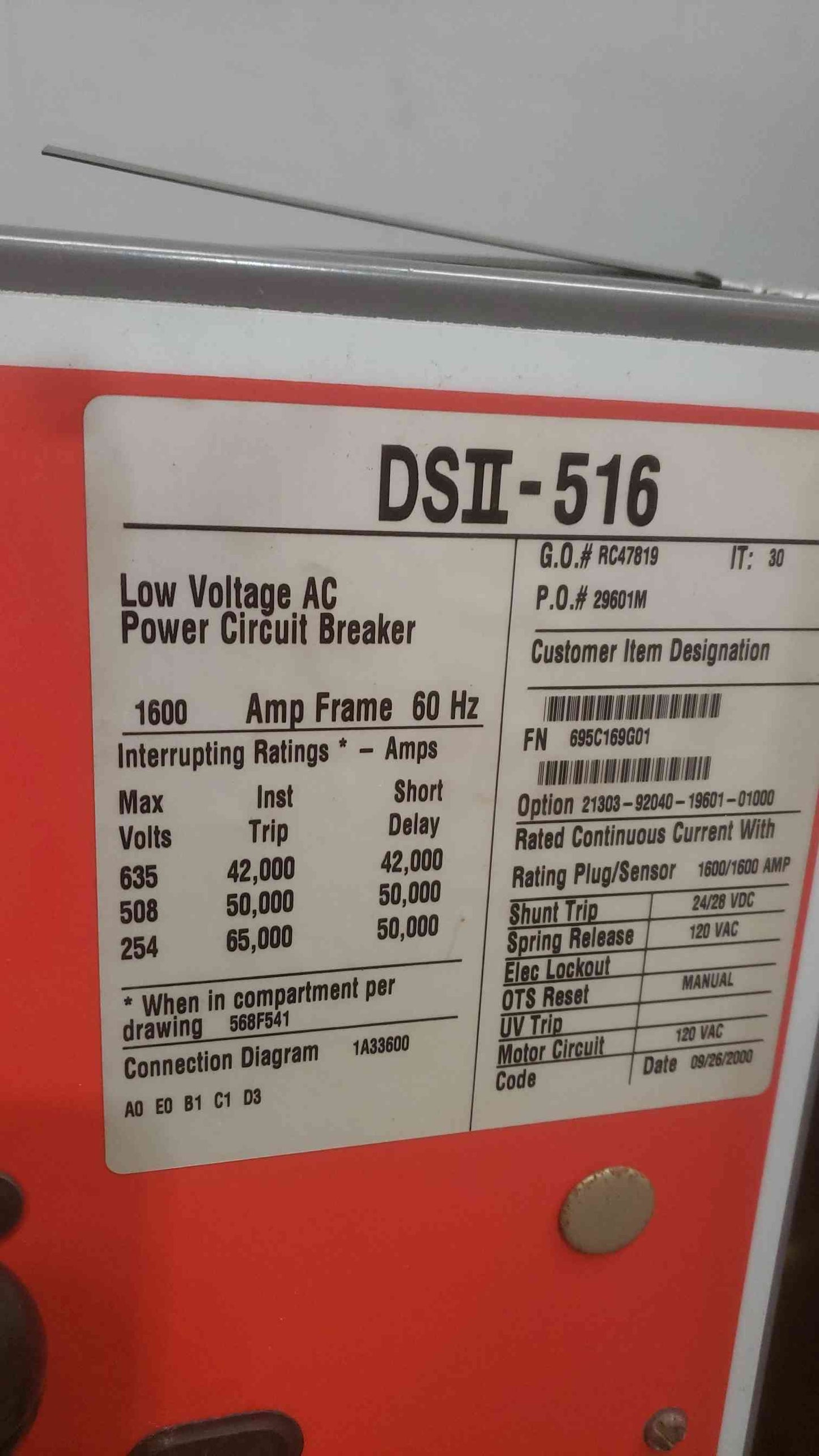 Cutler-Hammer 1600A 120VAC AC Power Circuit Breaker DSII-516 (SKU: 111161)