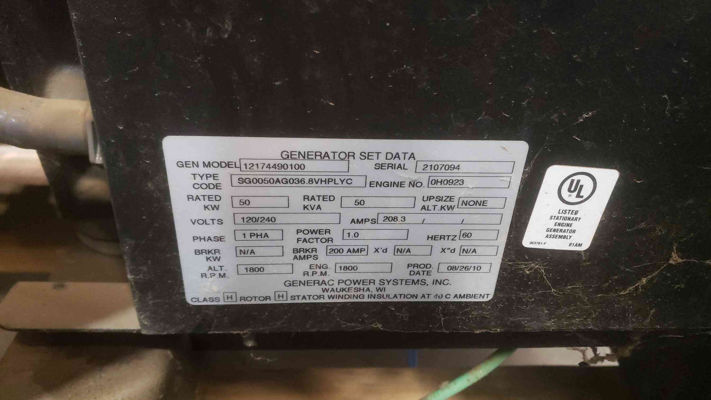 50KW Generac SG050 120/240 1PH Nat Gas LP Generator 187hrs  '10 (SKU: 111131)