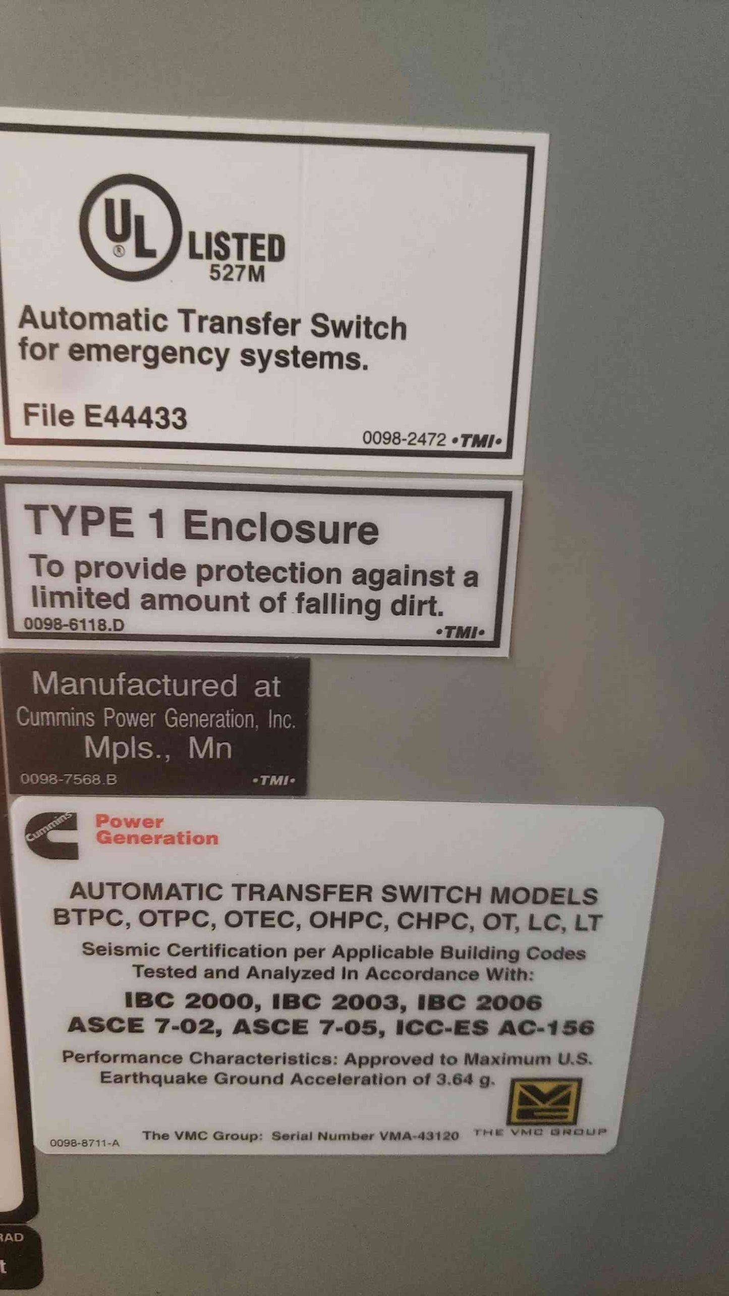 Cummins 1600A 480V 60Hz 3 Pole ATS OTPCF-1169039 (SKU: 111241)