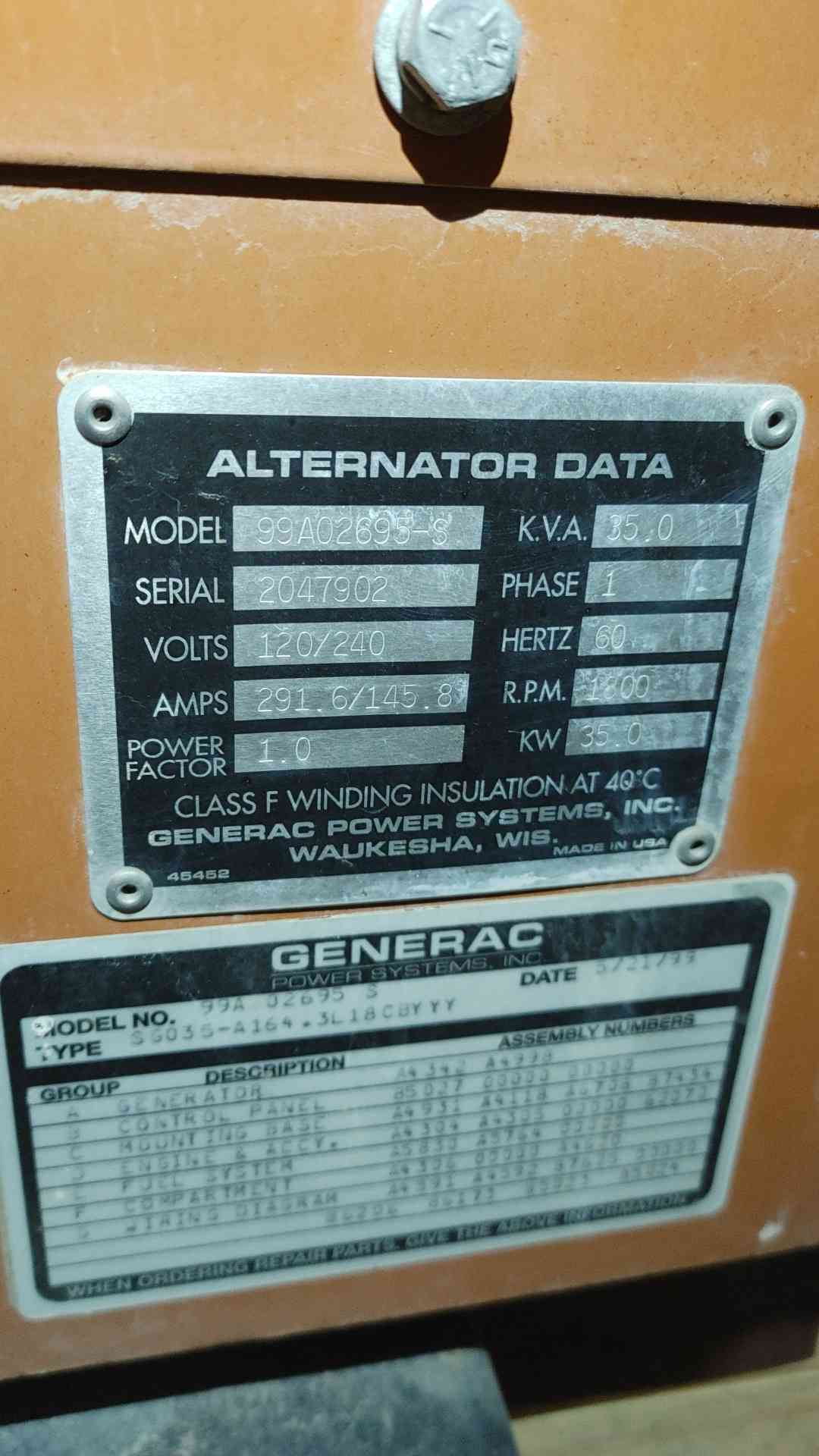 AS IS 35KW Generac 120/240V 291.6/145.8A 99A02695-S Nat Gas LP Generator 1PH '99 664 Hrs. (SKU: 111130)