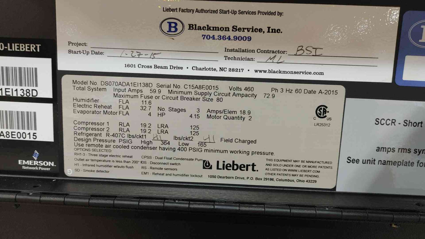 Liebert 20 Ton 460V 3PH 60Hz '15 CRAC DS070A DA1EI138D Air Cooled Downflow (SKU: 111238)